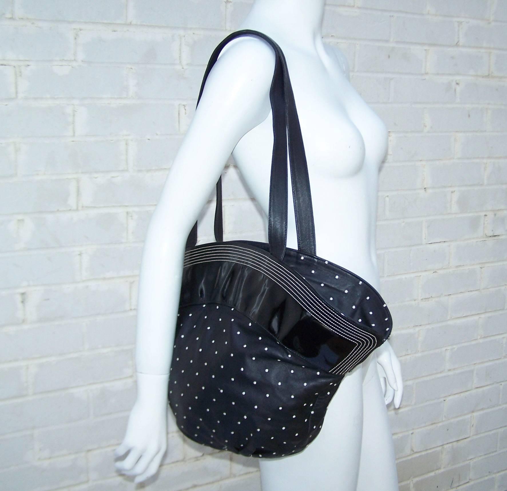 1980's Braccialini Black & White Polka Dot Patent Leather Handbag In Excellent Condition In Atlanta, GA