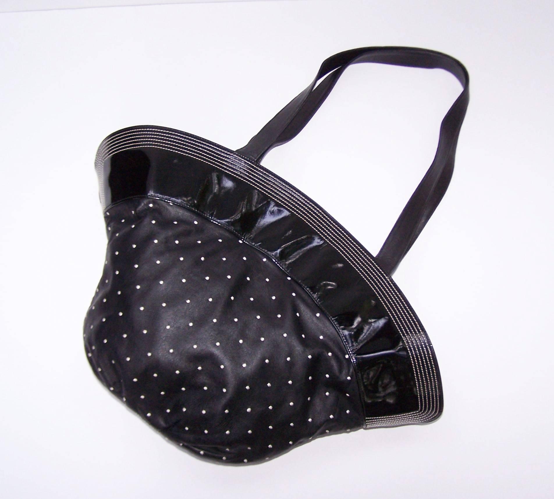 Women's 1980's Braccialini Black & White Polka Dot Patent Leather Handbag