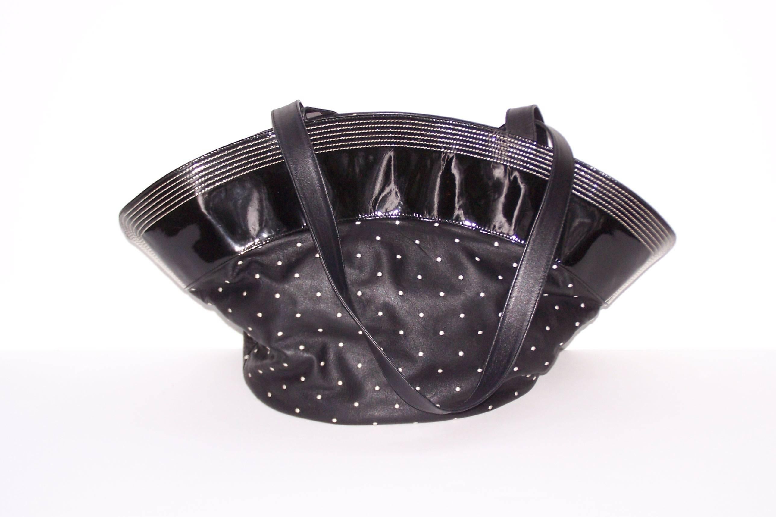1980's Braccialini Black & White Polka Dot Patent Leather Handbag 3