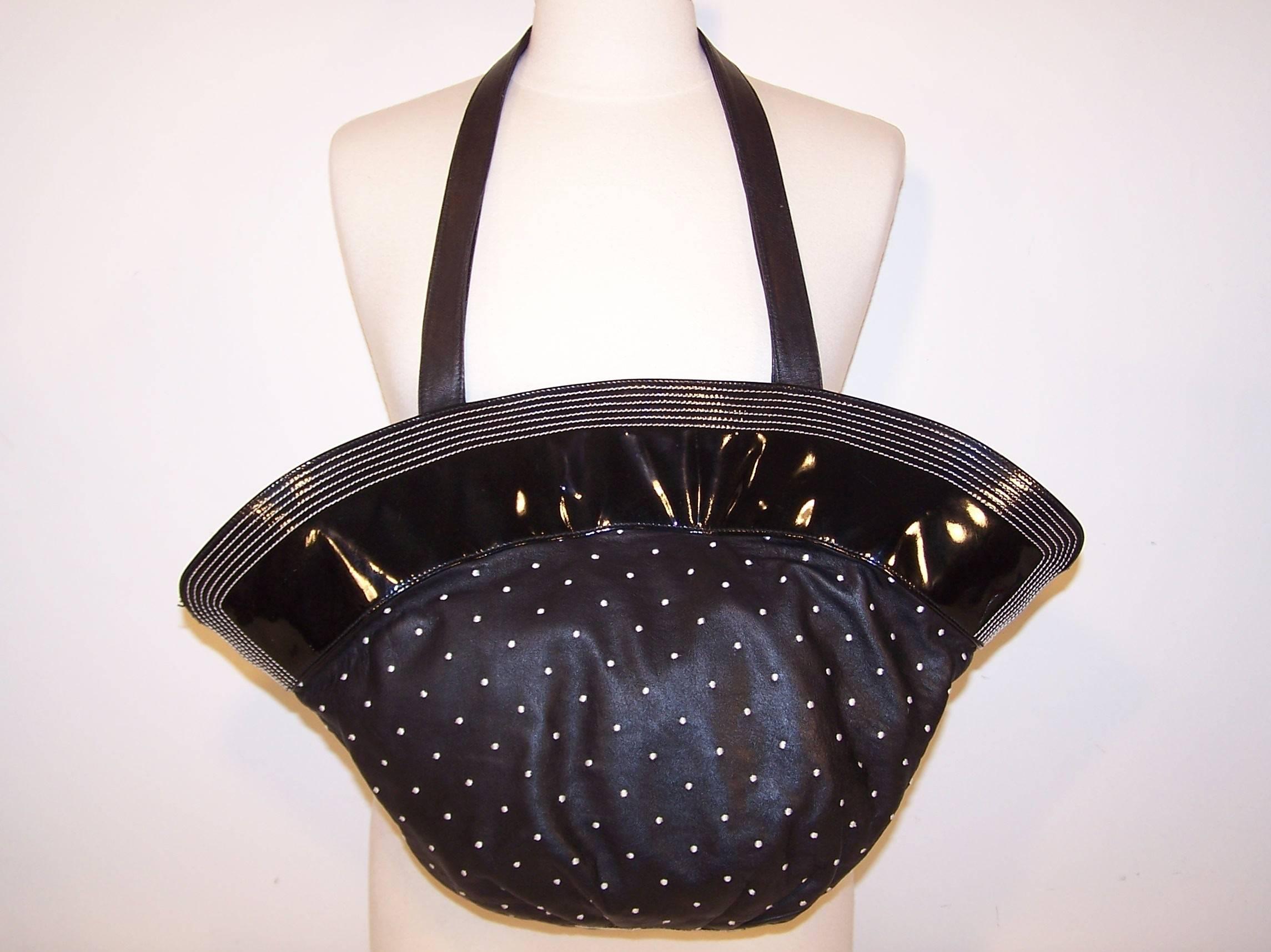 1980's Braccialini Black & White Polka Dot Patent Leather Handbag 4