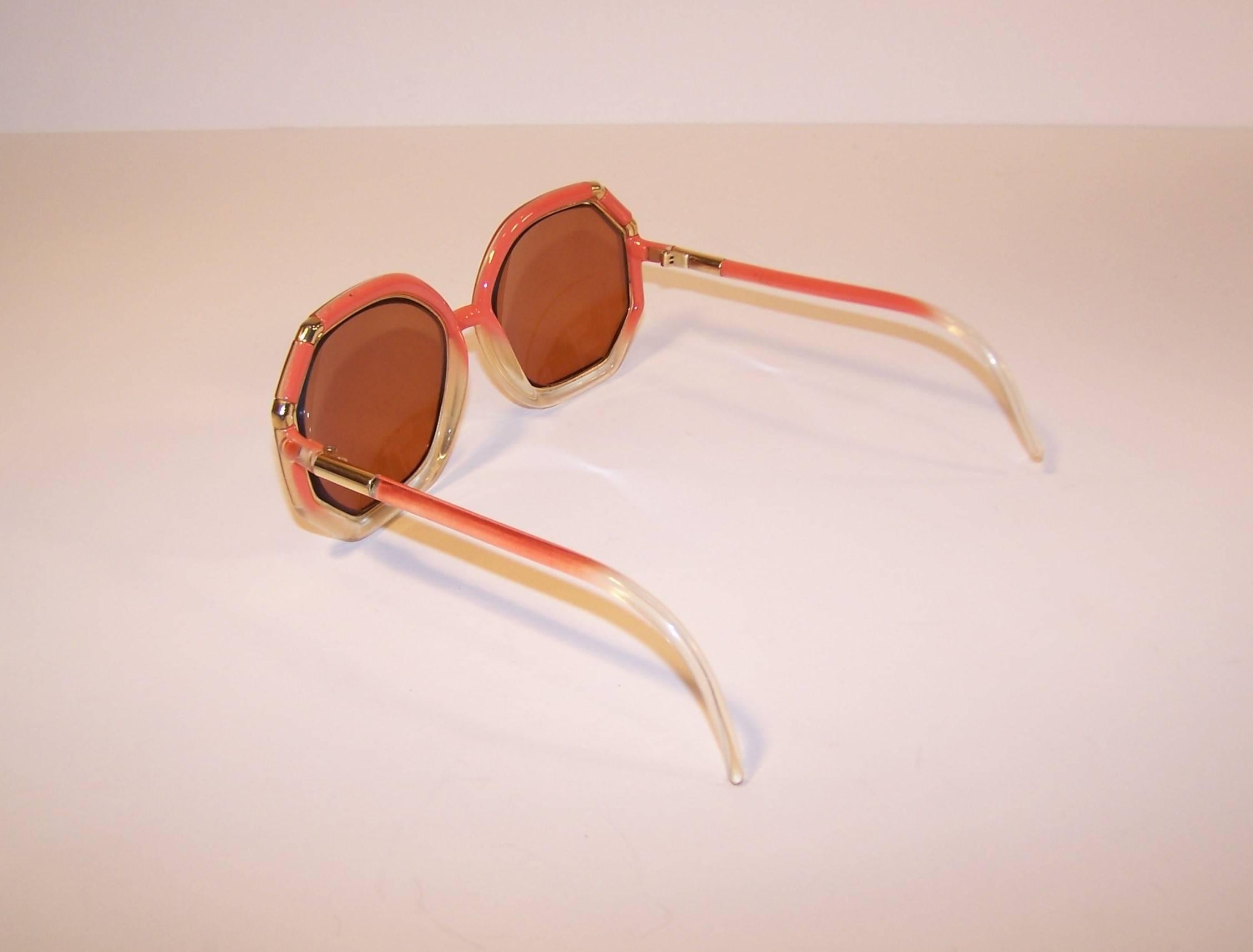 Brown Pop Mod 1970's Ted Lapidus Orange & Gold Sunglasses