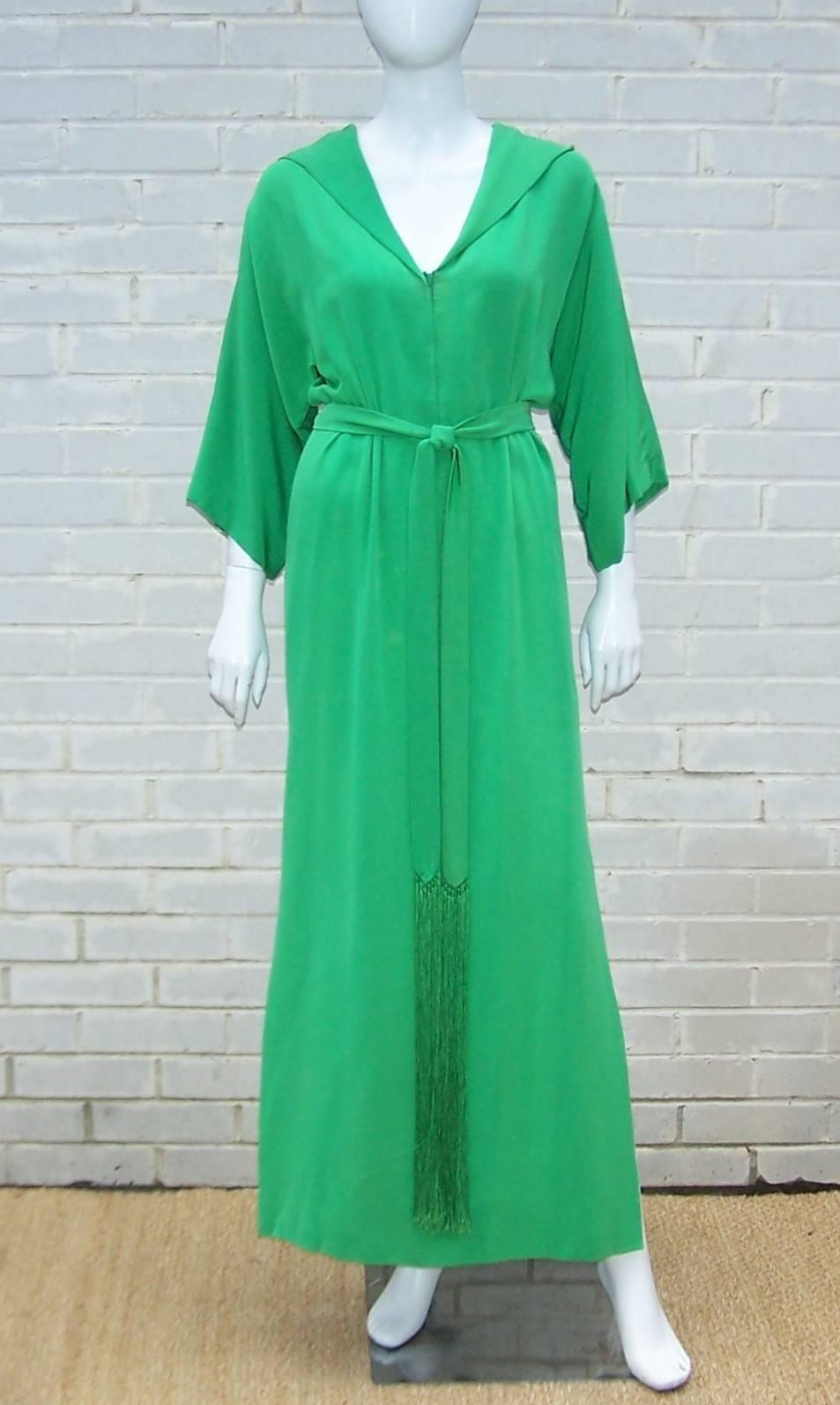 1960's Givenchy Gorgeous Green Silk Hooded Hostess Dress Robe In Good Condition In Atlanta, GA