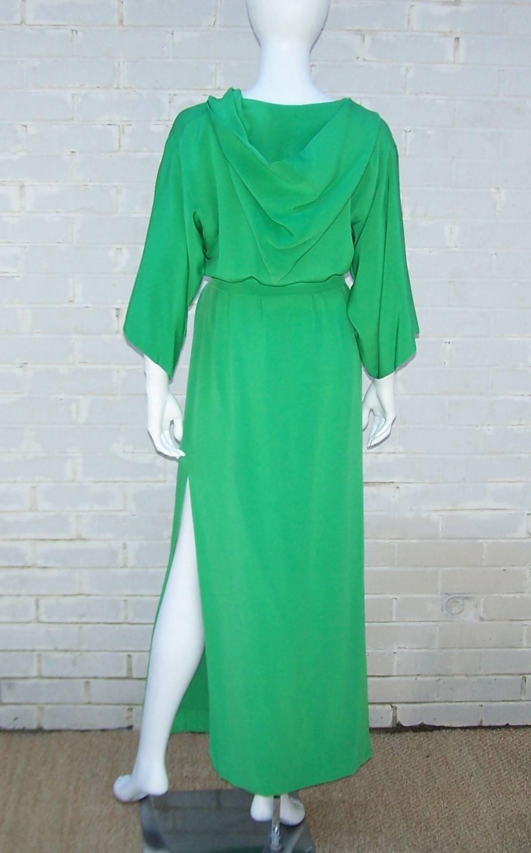Women's 1960's Givenchy Gorgeous Green Silk Hooded Hostess Dress Robe