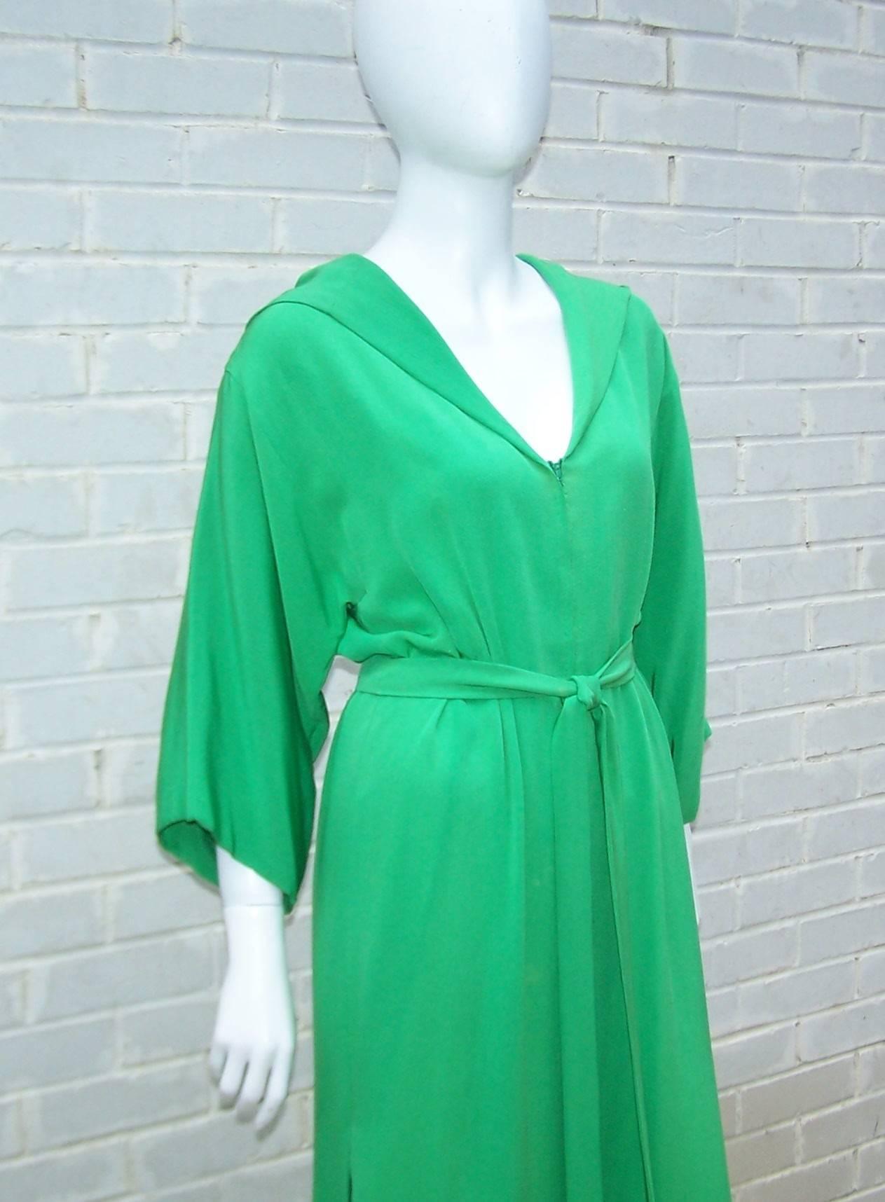 1960's Givenchy Gorgeous Green Silk Hooded Hostess Dress Robe 1