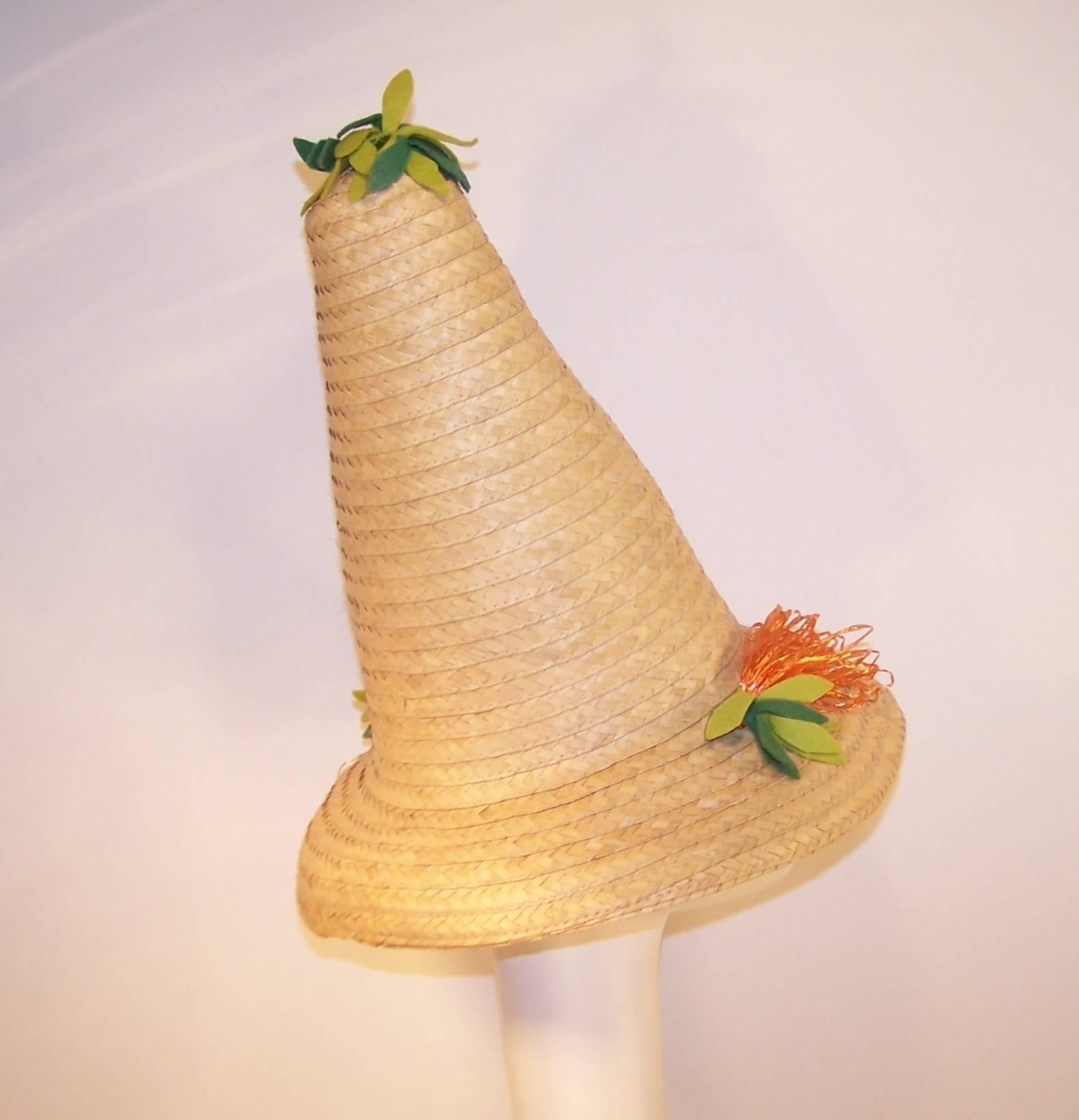 Beige Whimsical 1950's Conical Novelty Straw Beach Hat