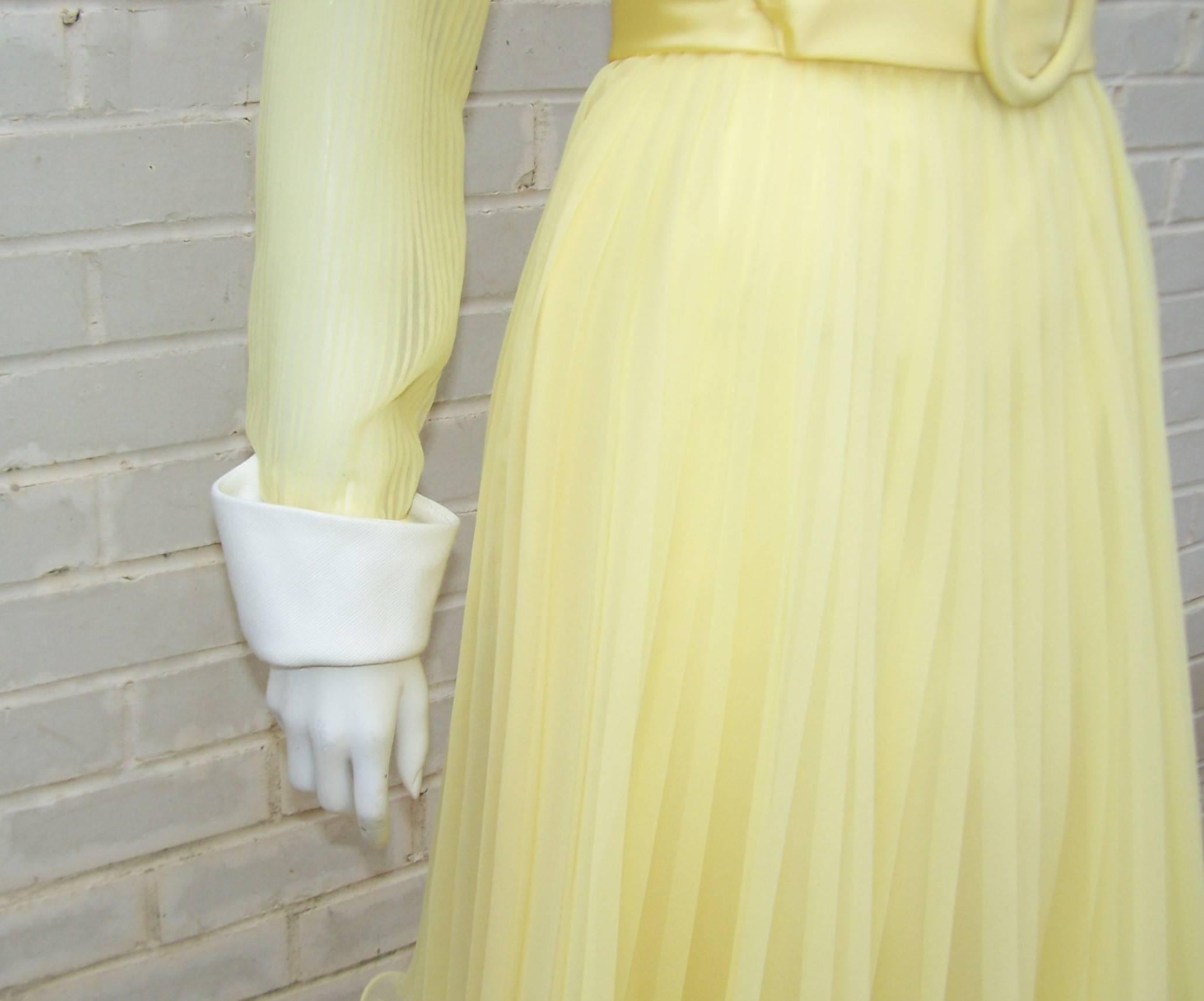 C.1970 Miss Elliette Sunny Yellow Chiffon Dress 1