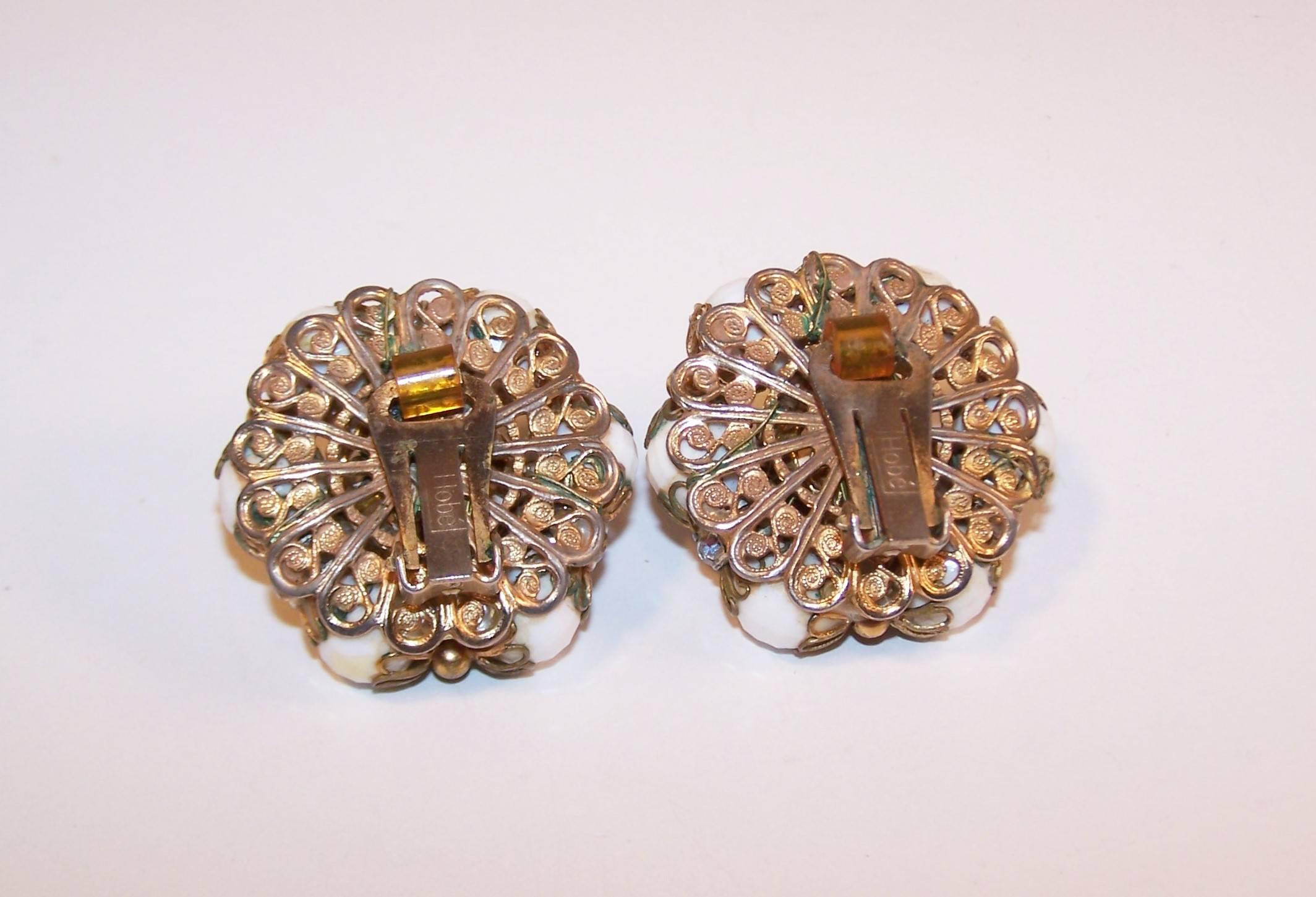 1950's Hobe White Faceted Bead Earrings With Rhinestones 1