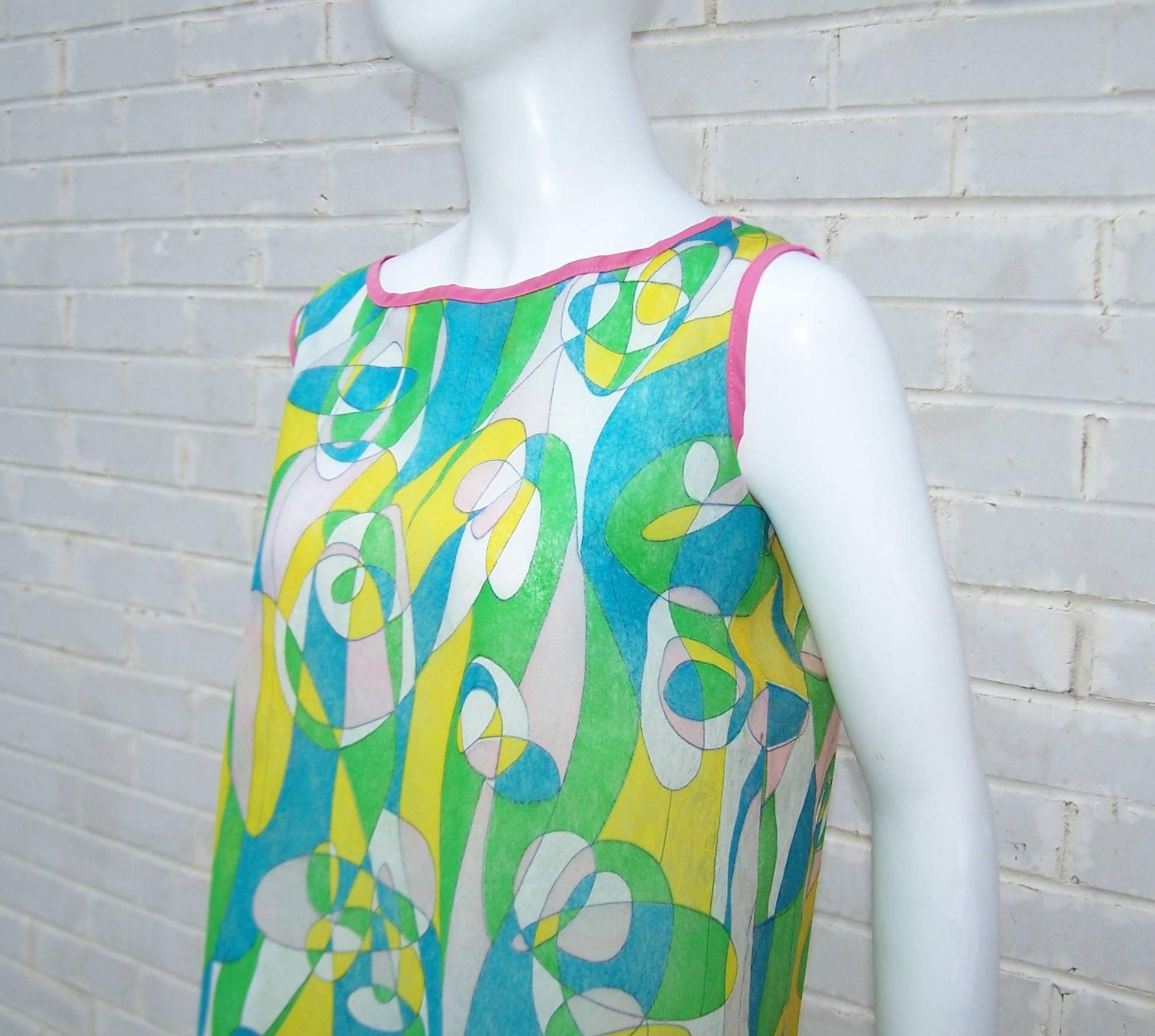 1960's Mod Beau Monde Go Go Blue & Green Paper Dress In Excellent Condition In Atlanta, GA