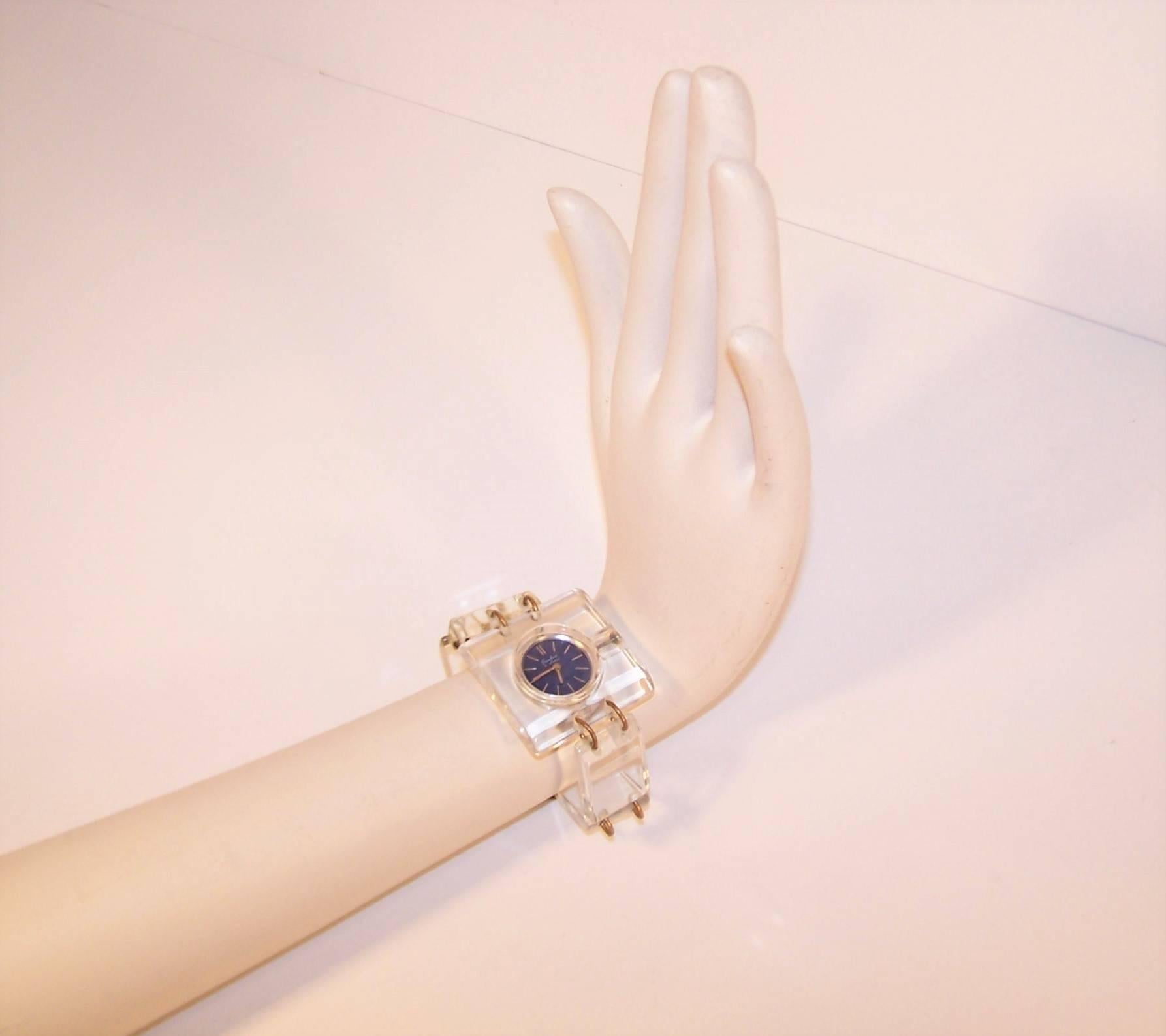 Mod 1960's Crawford Lucite Watch With Cobalt Blue Face In Excellent Condition In Atlanta, GA
