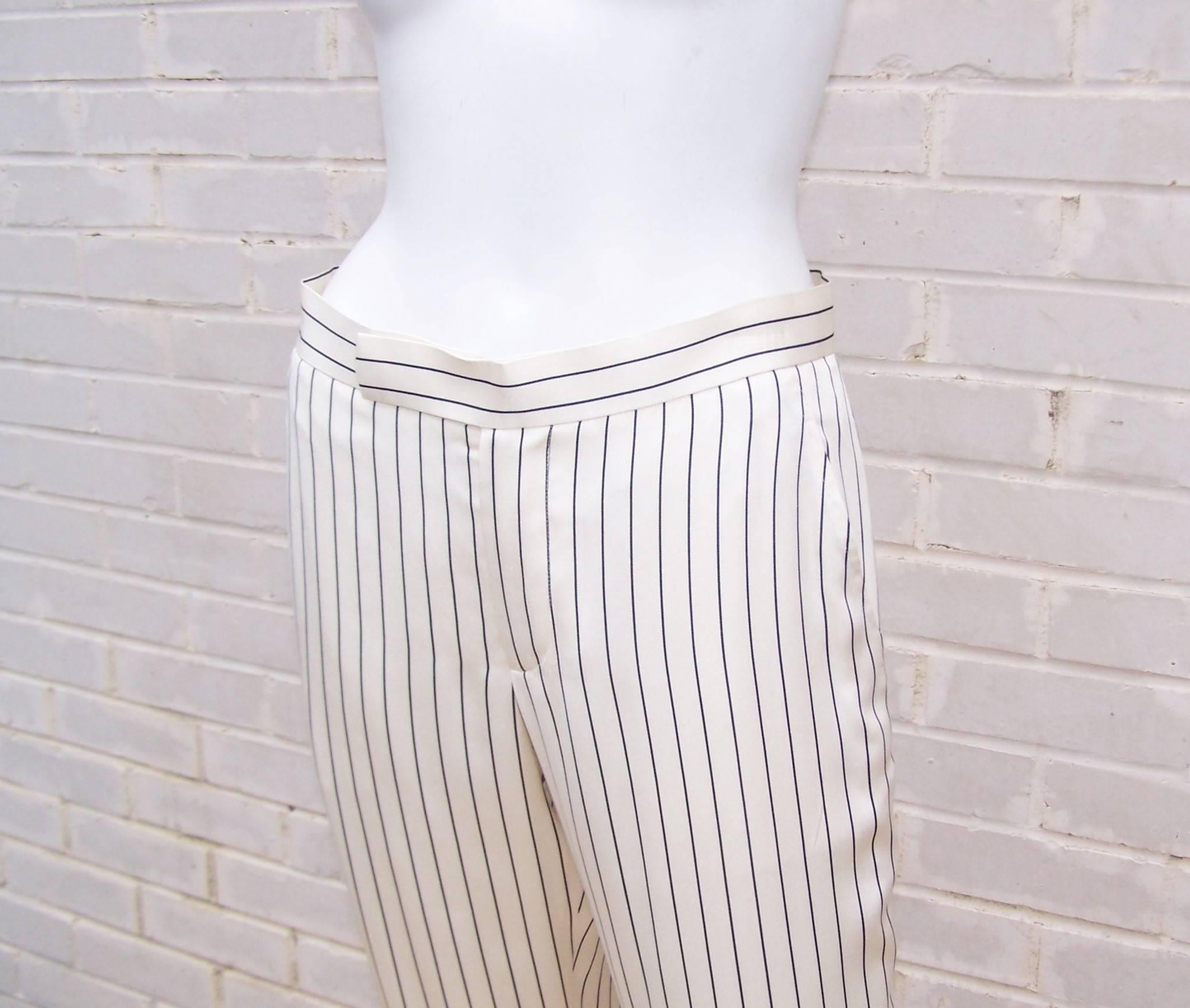 Gray C.1990 Ralph Lauren Menswear Style Blue & White Pinstripe Silk Pants