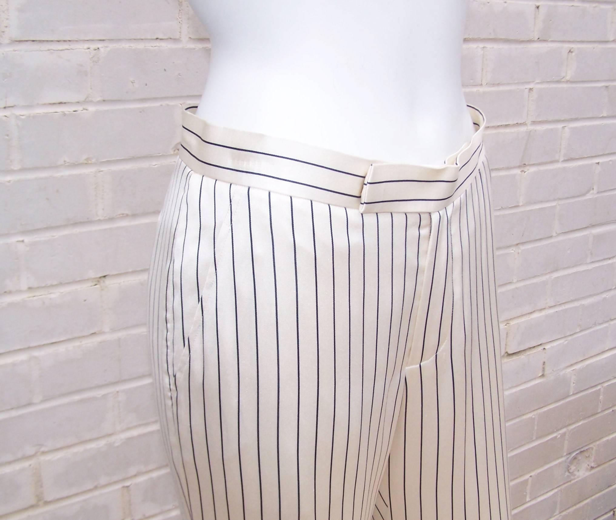 C.1990 Ralph Lauren Menswear Style Blue & White Pinstripe Silk Pants In Excellent Condition In Atlanta, GA