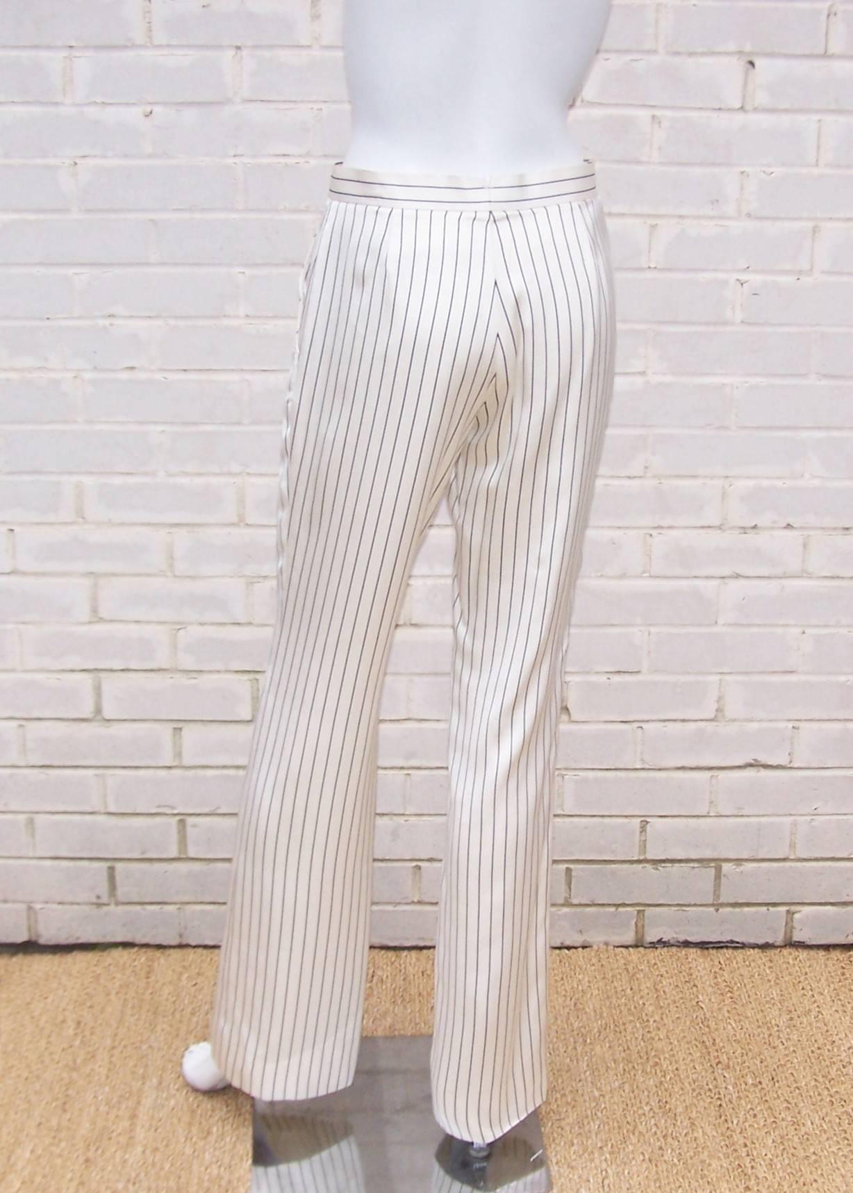 Women's C.1990 Ralph Lauren Menswear Style Blue & White Pinstripe Silk Pants