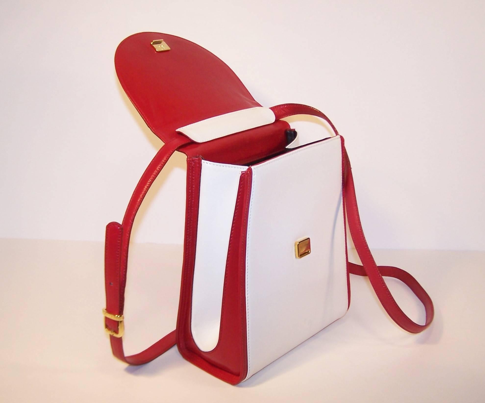 Gray C.1980 Bruno Magli White & Cherry Red Leather Spectator Handbag