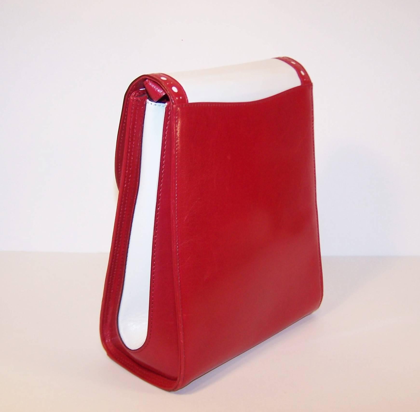 C.1980 Bruno Magli White & Cherry Red Leather Spectator Handbag 1