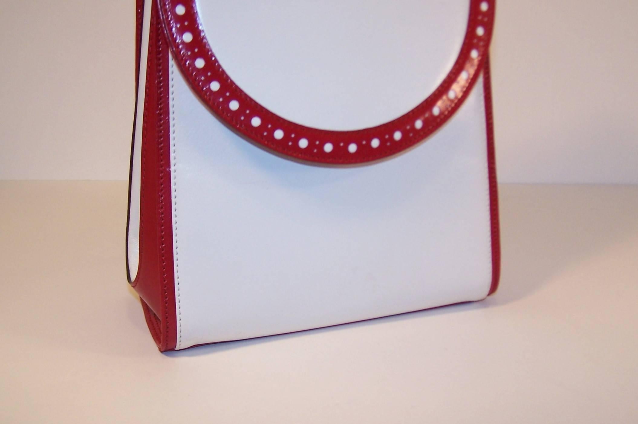 C.1980 Bruno Magli White & Cherry Red Leather Spectator Handbag 4