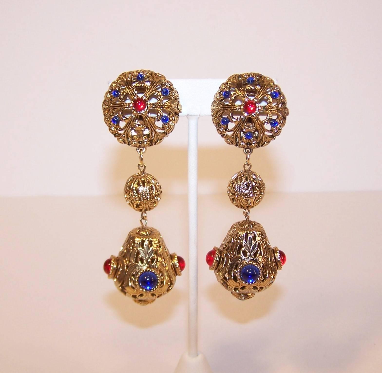 Baroque Exotic C.1980 Gem-Craft Filigree Drop Dangle Clip On Earrings With Cabochons
