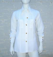 Crisp 1970's Gucci White Linen Shirt With Nautical Enamel Logo Buttons