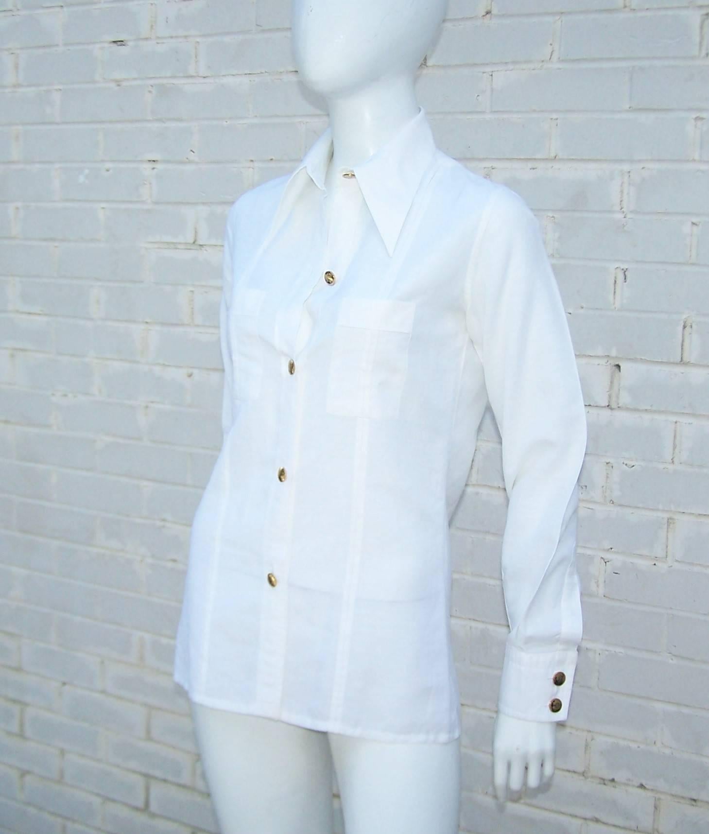 Blue Crisp 1970's Gucci White Linen Shirt With Nautical Enamel Logo Buttons