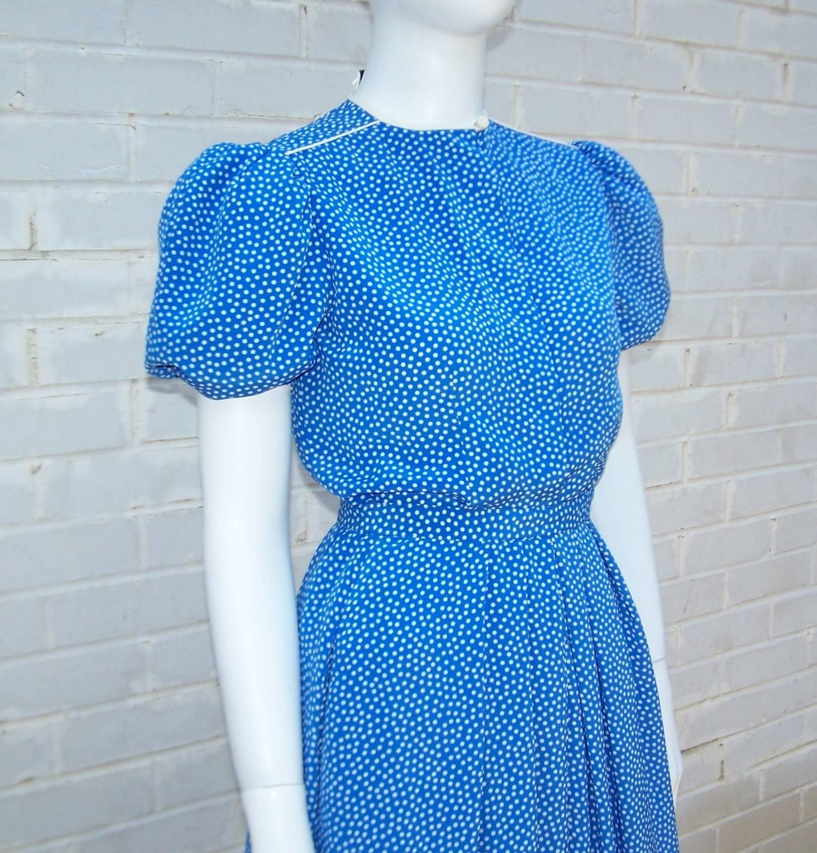 Blue Albert Nipon Silk Polka Dot Two Piece Dress, C.1980