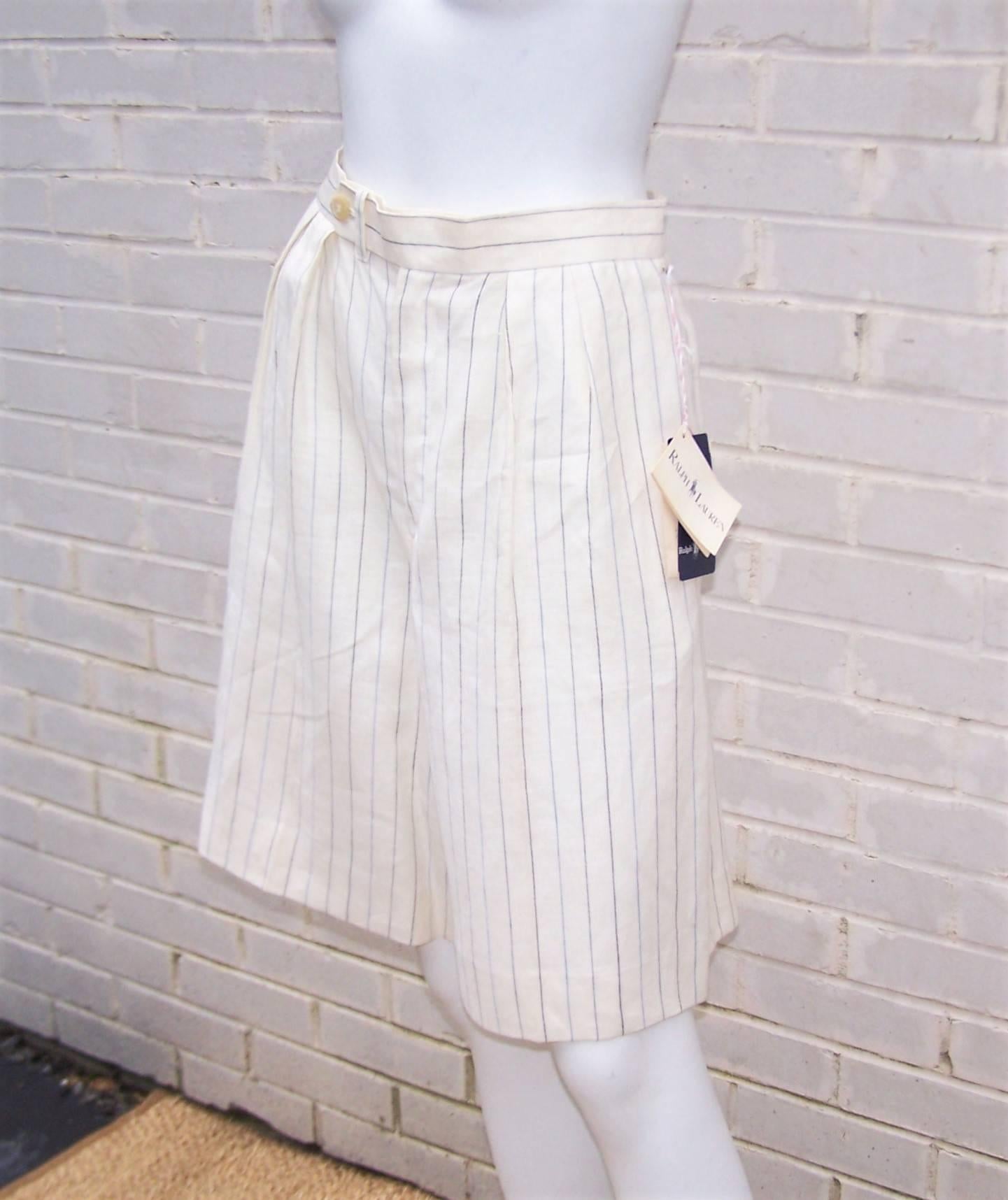 Gray 1970's Ralph Lauren Gatsby Style Linen Pinstripe Walking Shorts With Tags