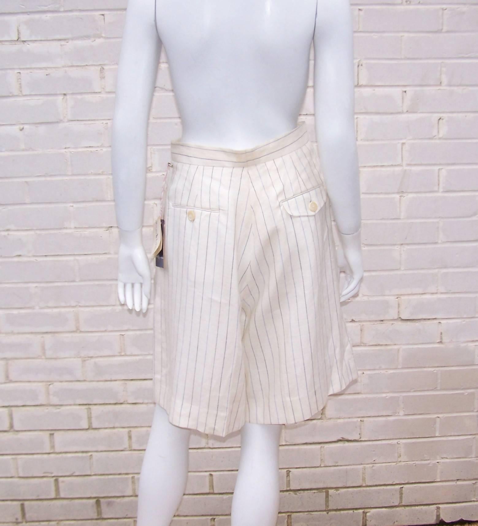 Women's 1970's Ralph Lauren Gatsby Style Linen Pinstripe Walking Shorts With Tags