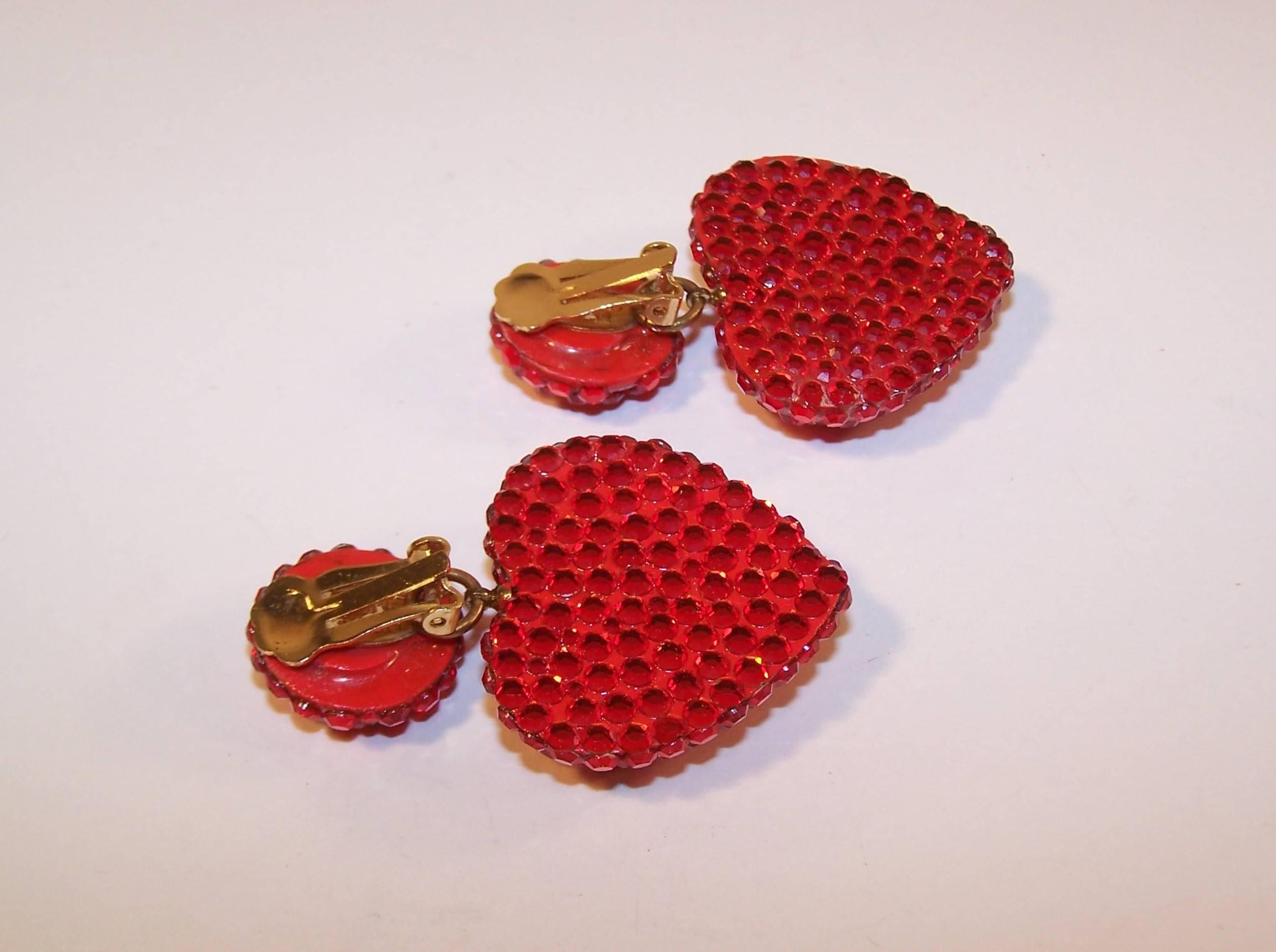 Modern Ruby Red 1980's Richard Kerr Pave Crystal Heart Earrings