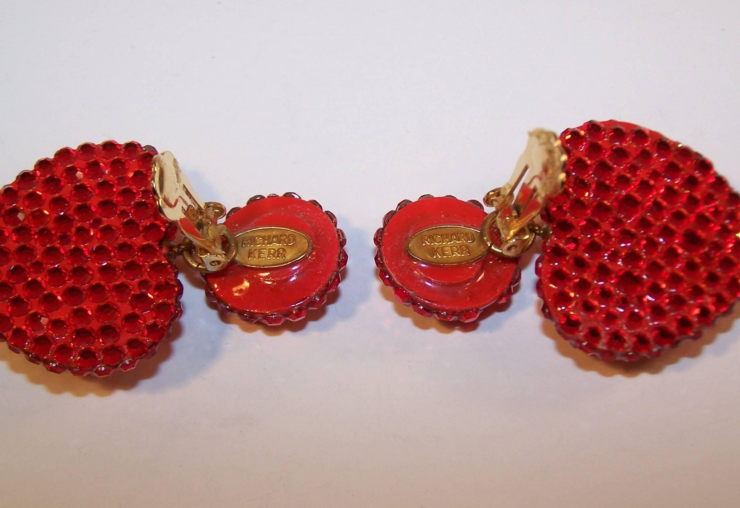 Ruby Red 1980's Richard Kerr Pave Crystal Heart Earrings In Good Condition In Atlanta, GA