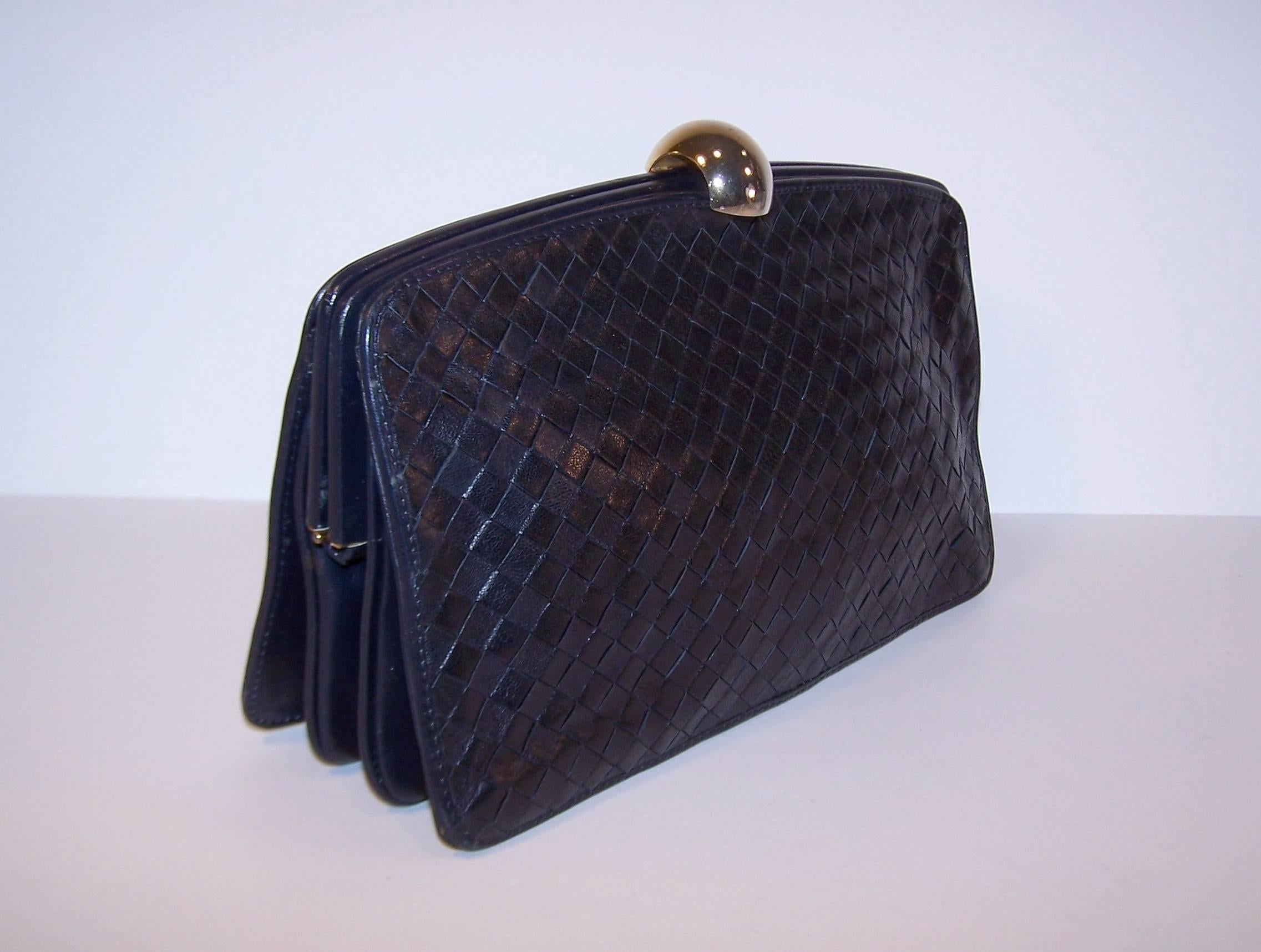 Black 1970's Bottega Veneta Navy Blue Intrecciato Leather Handbag