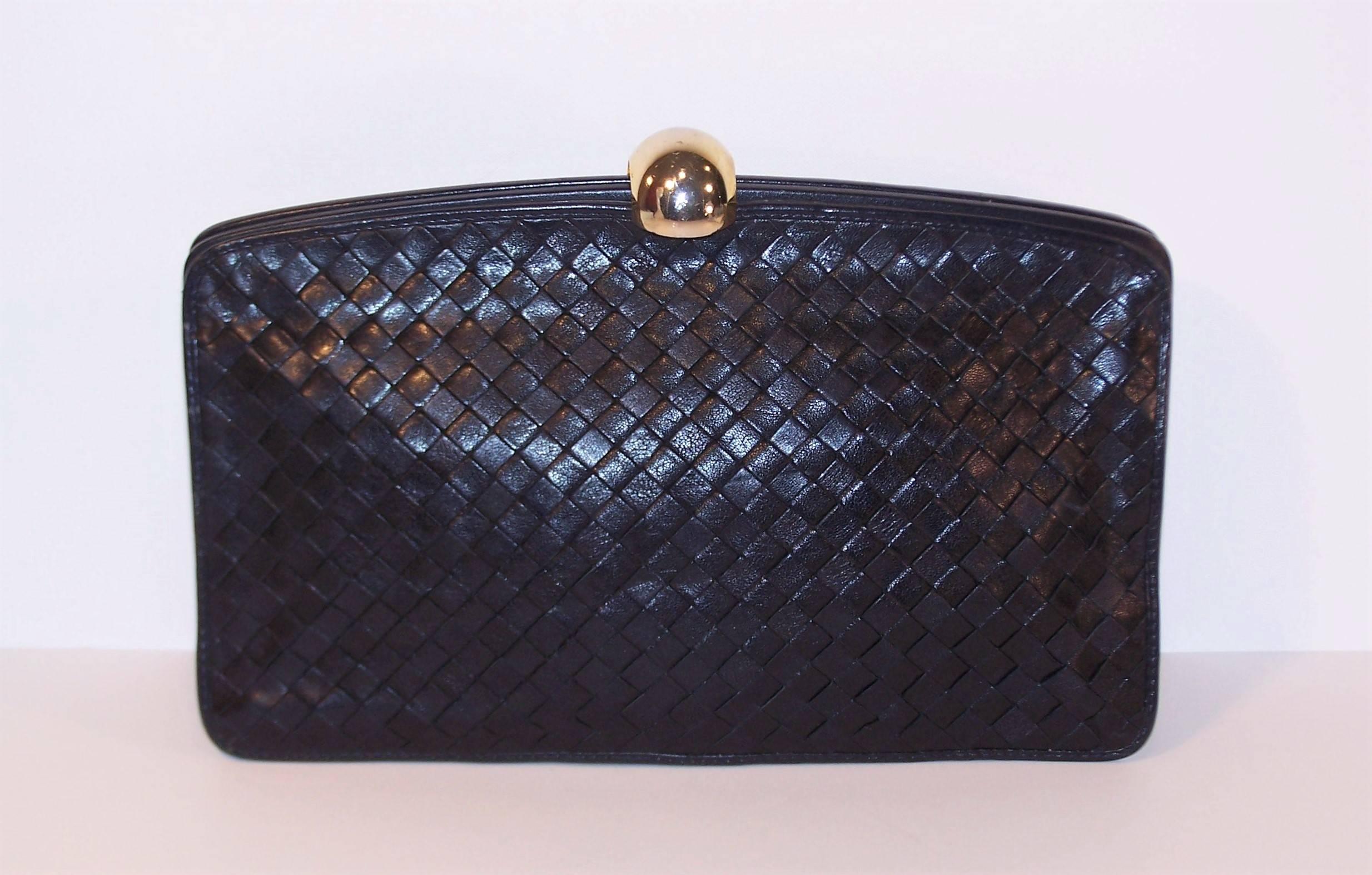 Women's 1970's Bottega Veneta Navy Blue Intrecciato Leather Handbag