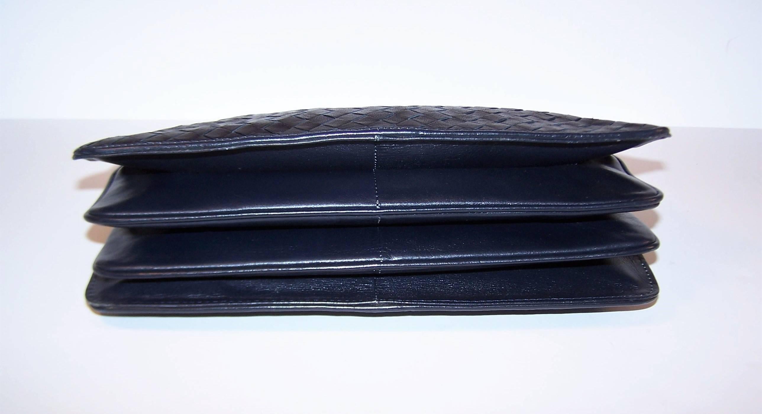 1970's Bottega Veneta Navy Blue Intrecciato Leather Handbag 1