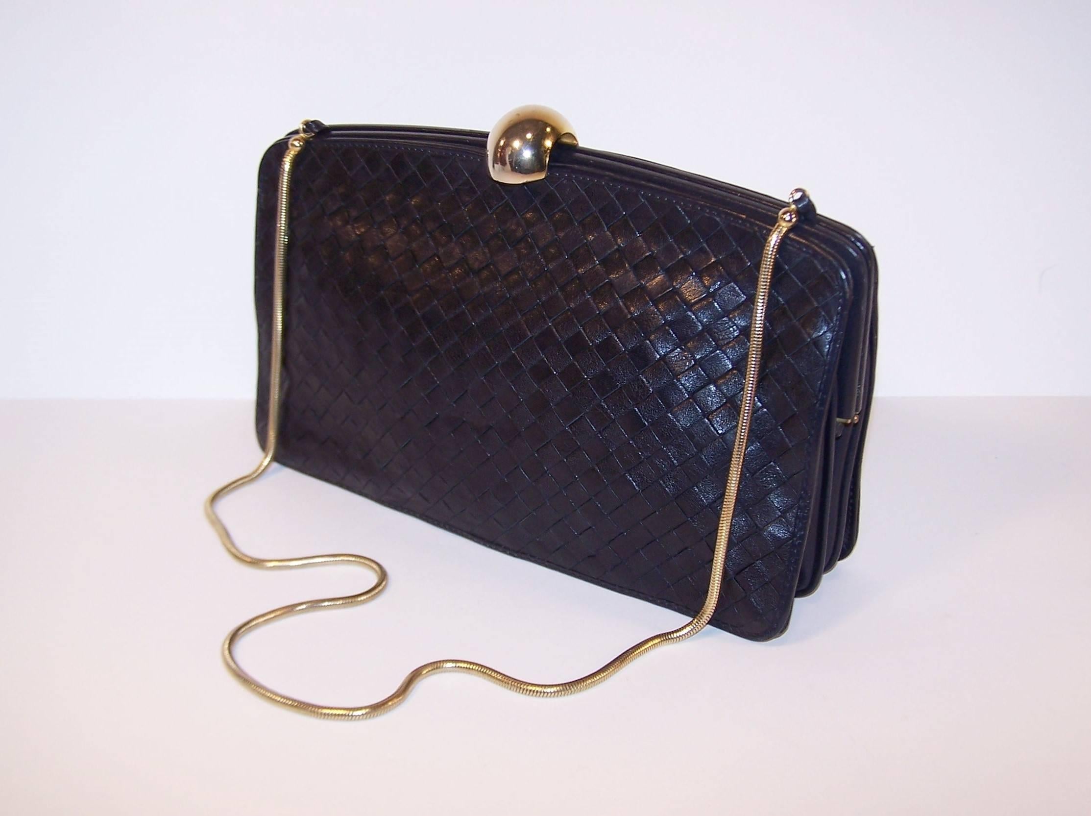1970's Bottega Veneta Navy Blue Intrecciato Leather Handbag 2