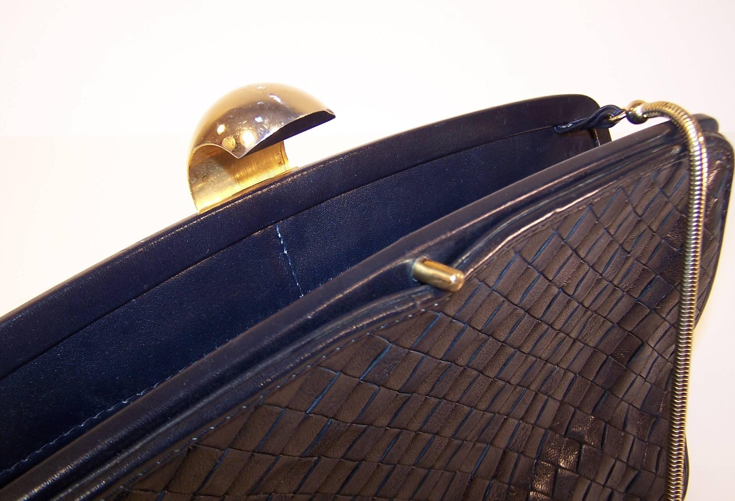 1970's Bottega Veneta Navy Blue Intrecciato Leather Handbag 4