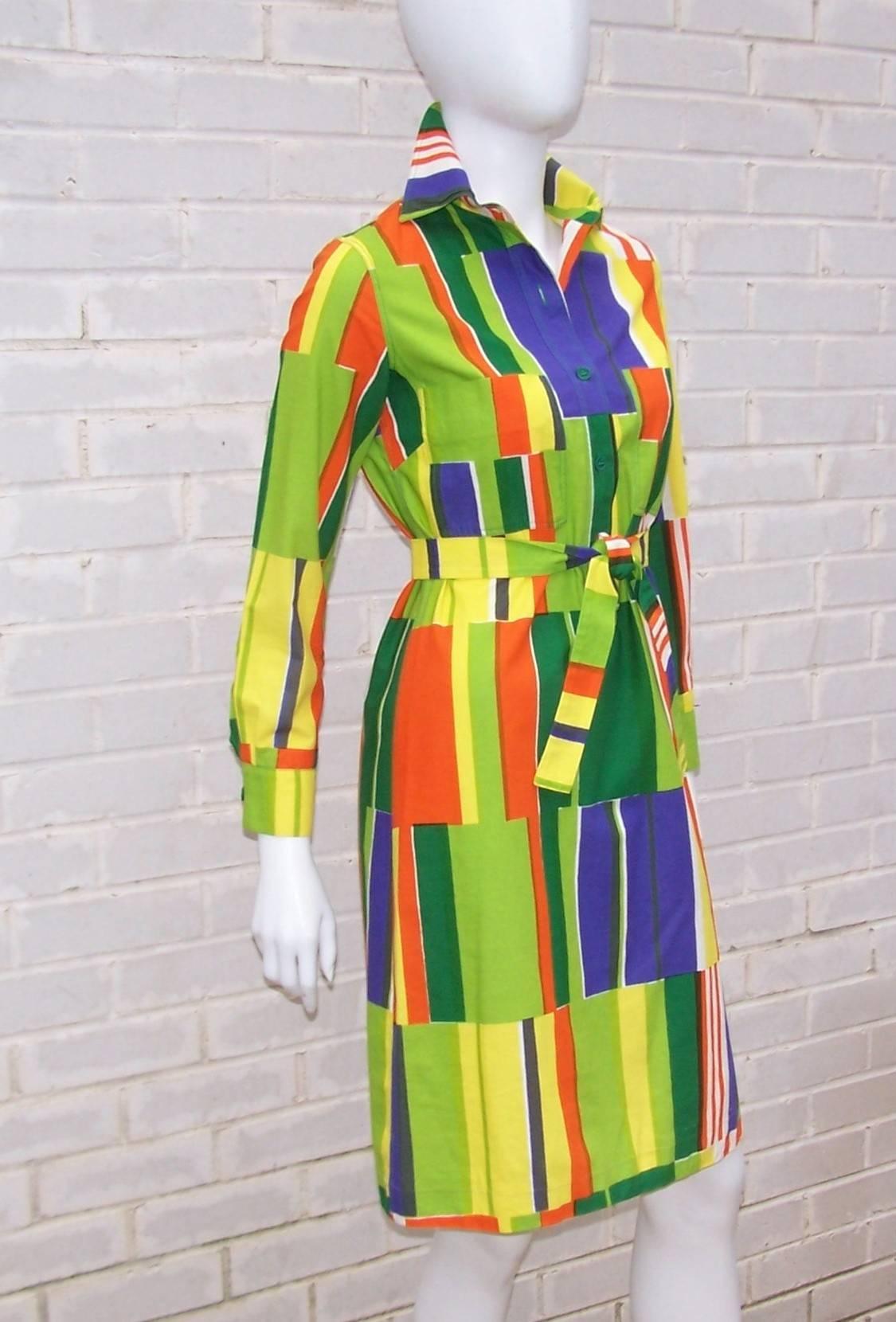 Brown Vibrant 1970's Marimekko of Finland Geometric Cotton Shirt Dress
