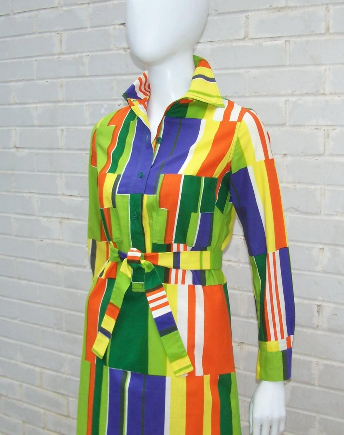 This 1973 Marimekko shirt dress is an eyeful of color and abstraction.  Marimekko started as a textile company in the 1950's producing fabrics for home decor which they eventually used to create fashionable easy to wear garments.  Their mod motifs
