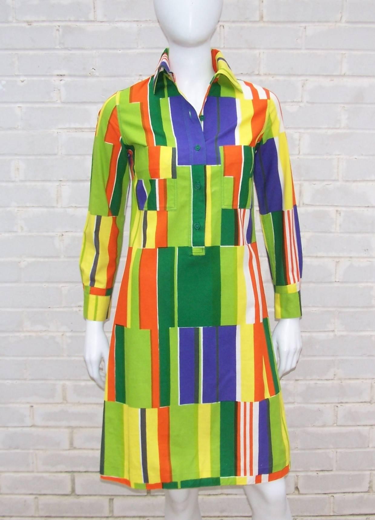 Vibrant 1970's Marimekko of Finland Geometric Cotton Shirt Dress 1