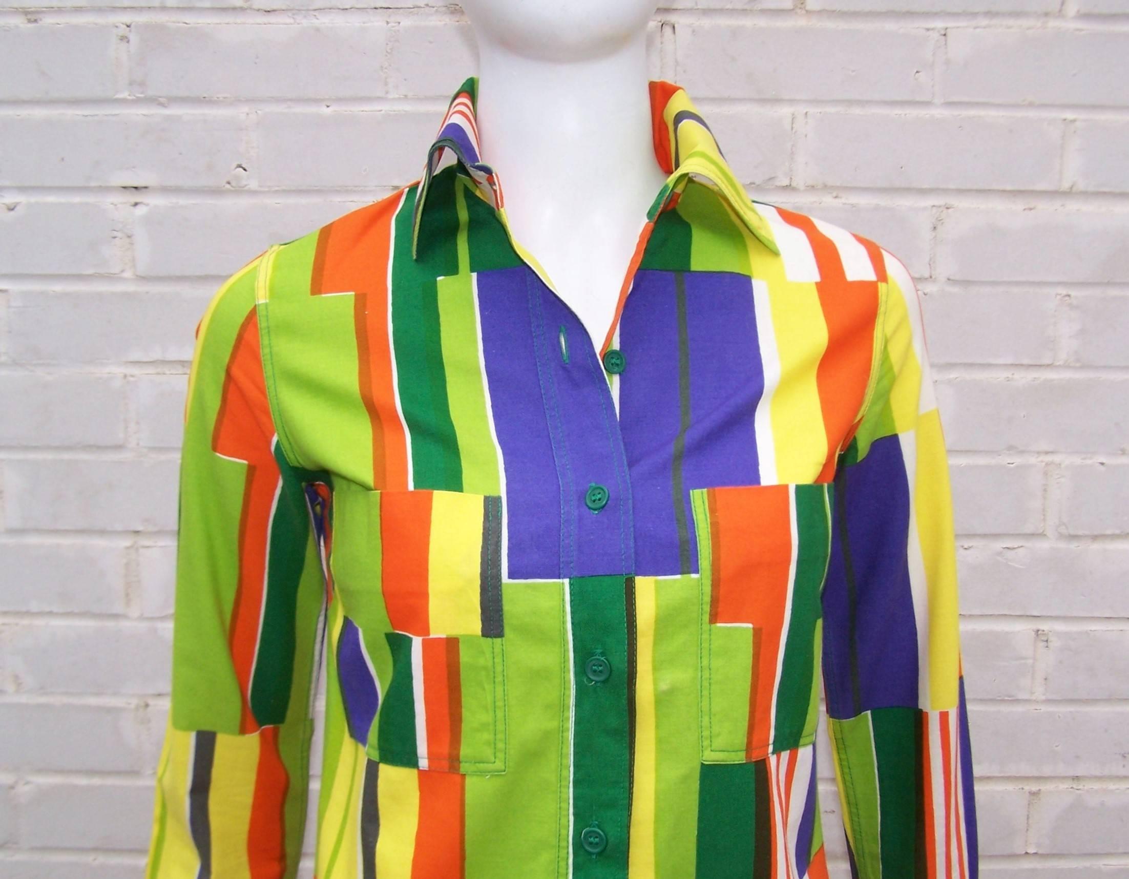 Vibrant 1970's Marimekko of Finland Geometric Cotton Shirt Dress 2