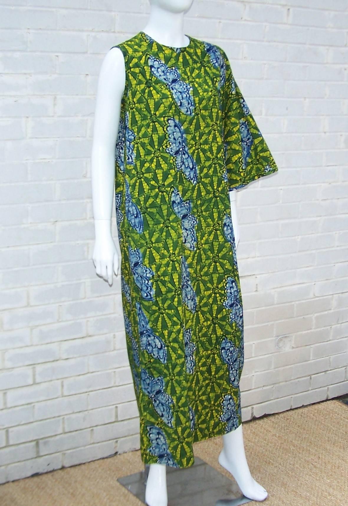 Gray Exotic 1960's Colorful Batik Caftan With Butterfly Motif 