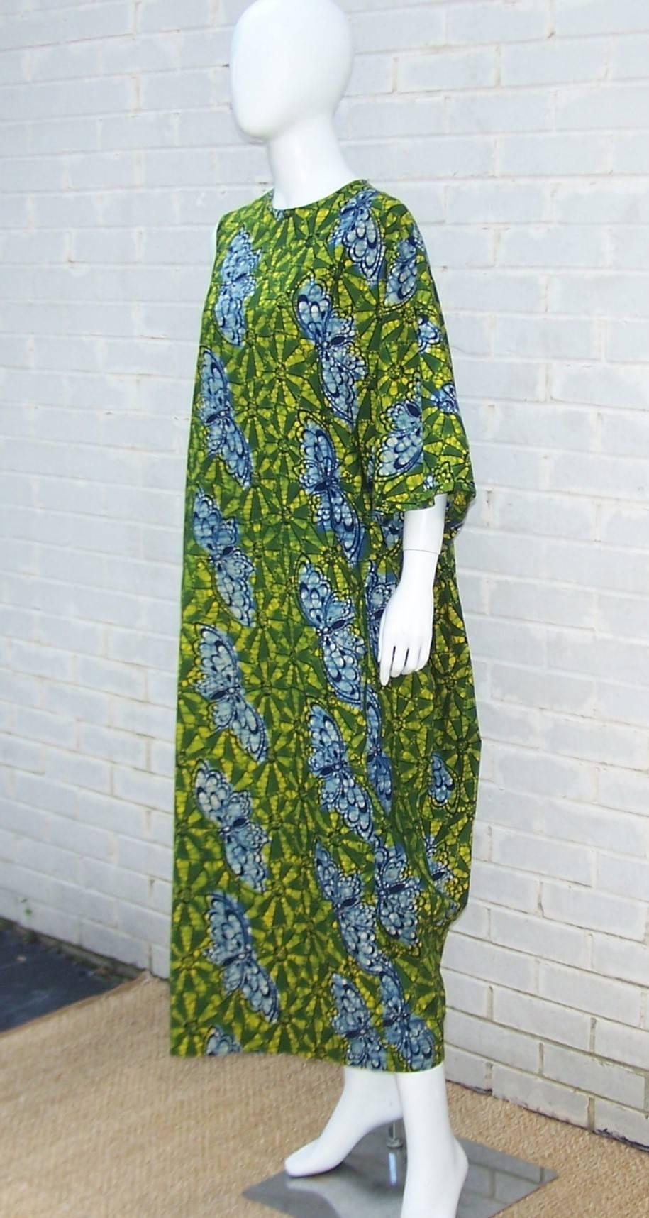 Women's Exotic 1960's Colorful Batik Caftan With Butterfly Motif 