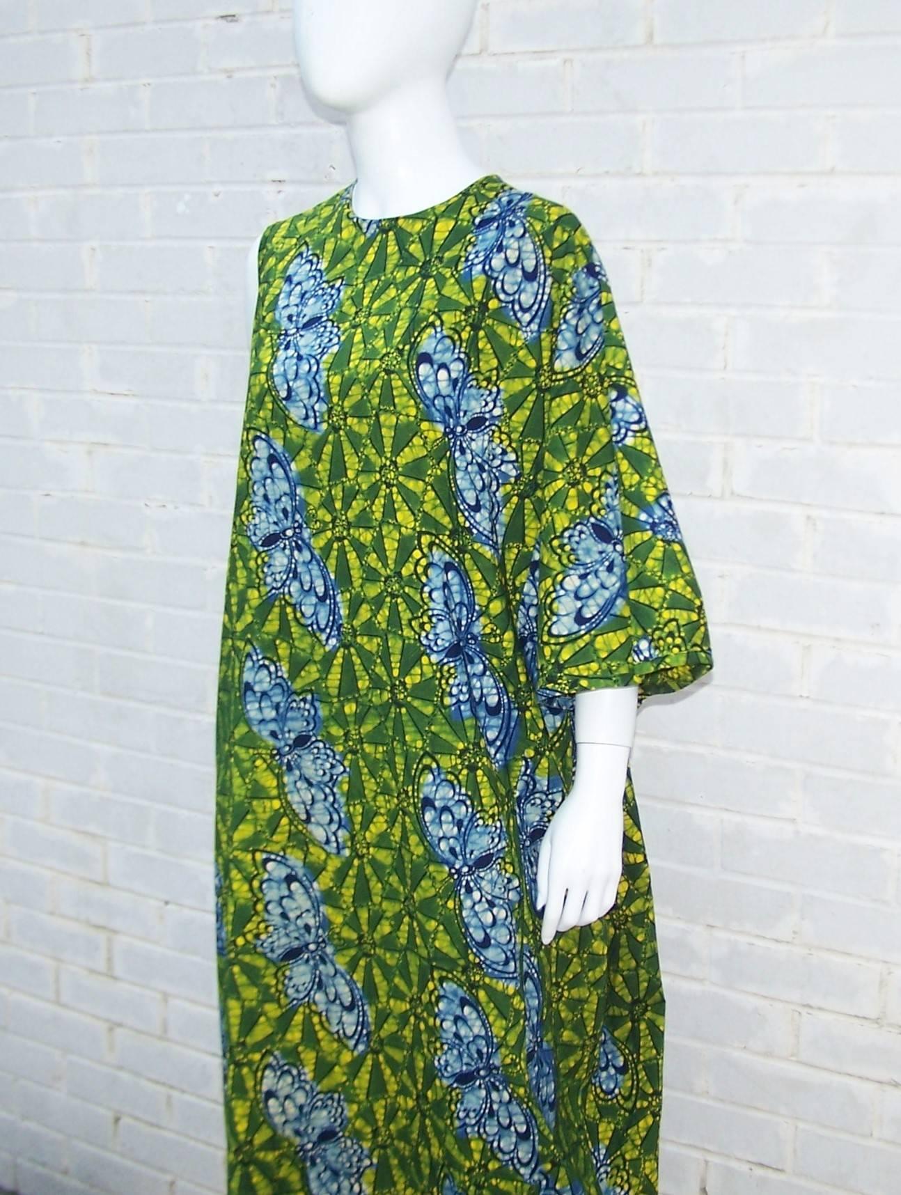 Exotic 1960's Colorful Batik Caftan With Butterfly Motif  1