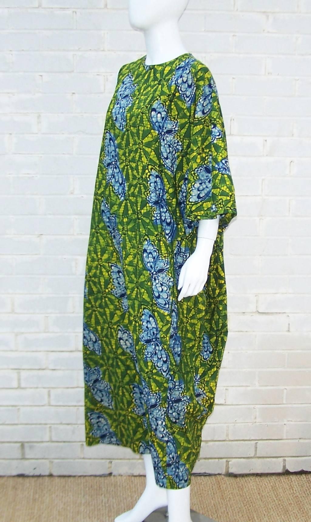 Exotic 1960's Colorful Batik Caftan With Butterfly Motif  2