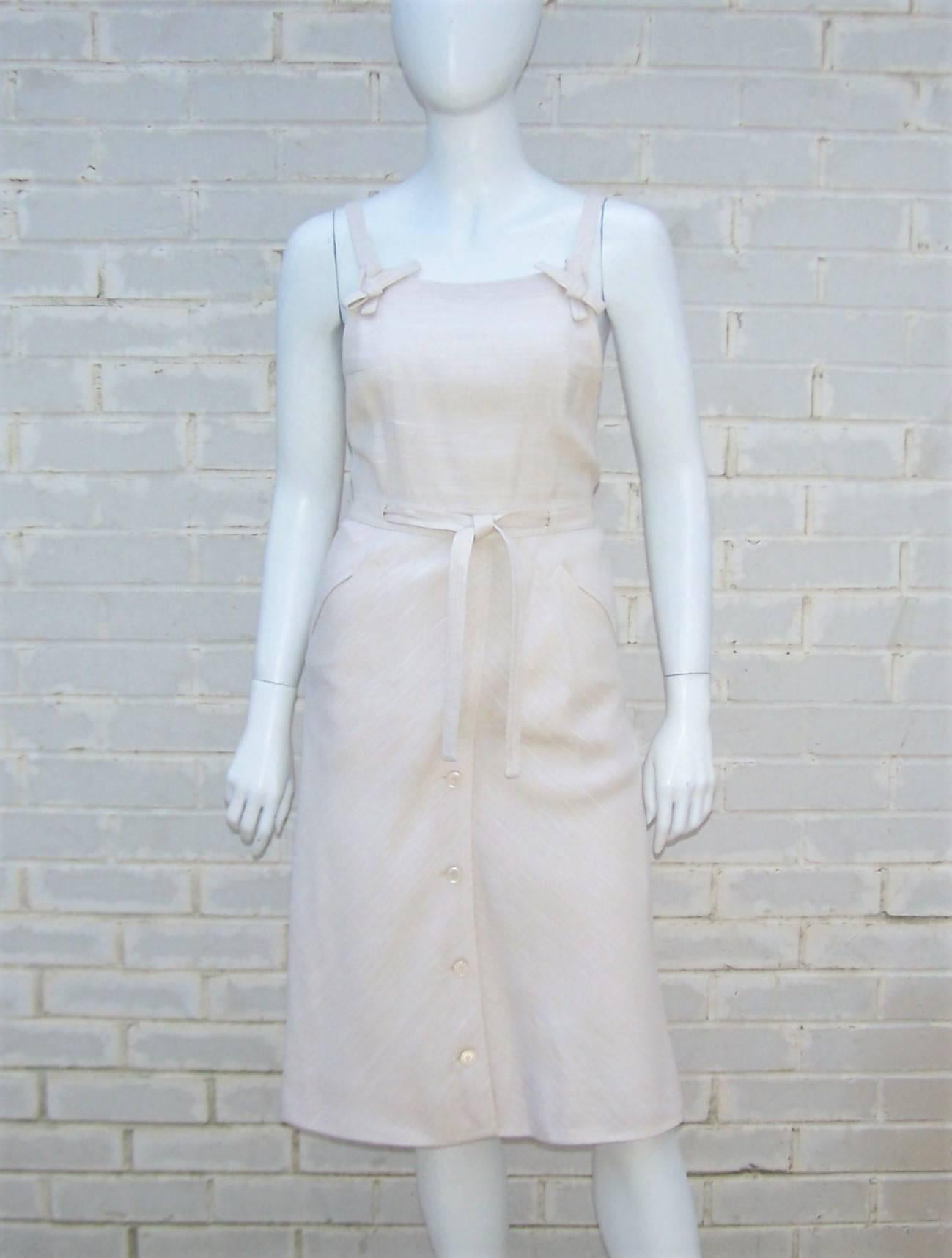 Gray Adorable C.1970 Courreges Linen Style Jumper Dress