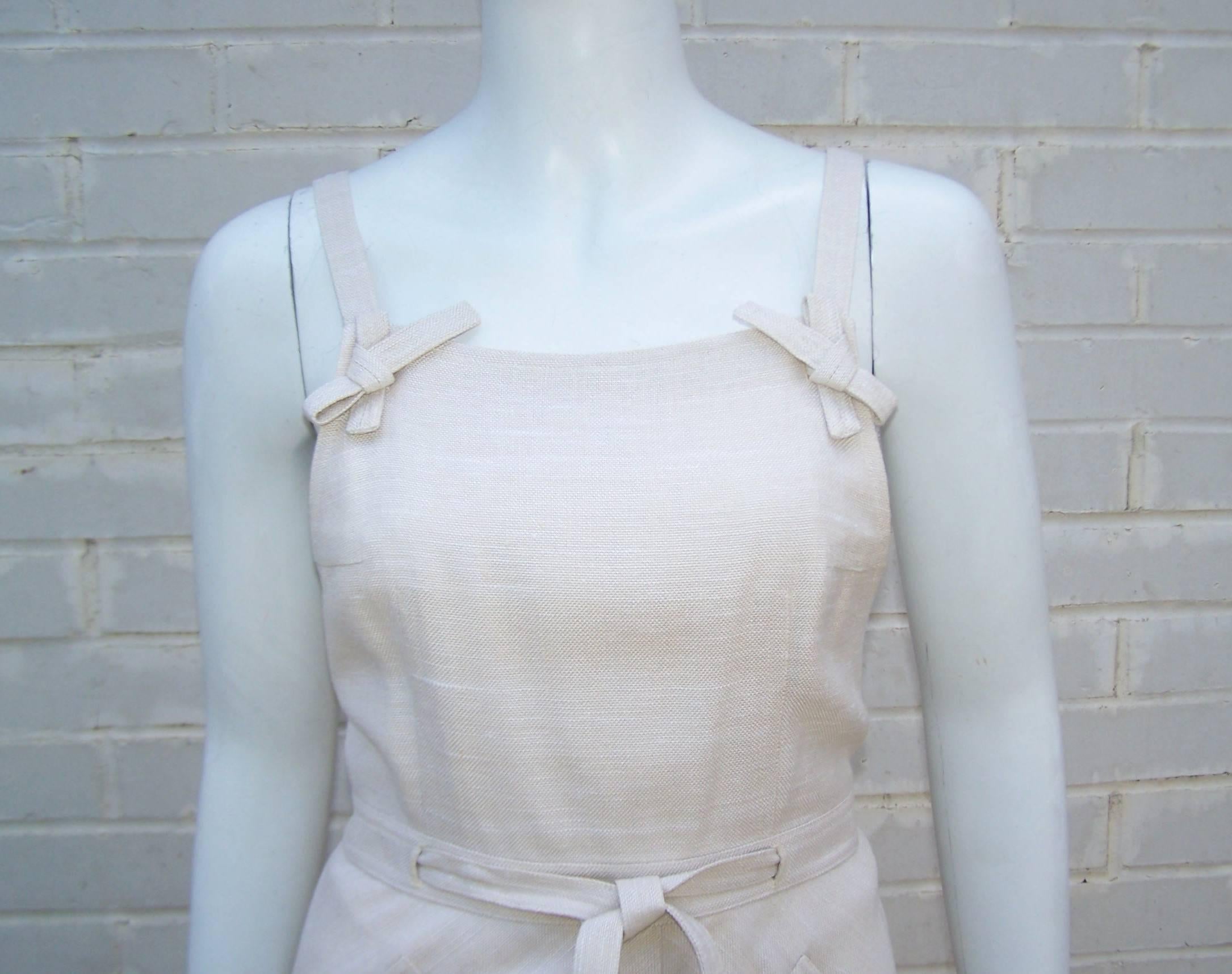 Adorable C.1970 Courreges Linen Style Jumper Dress In Excellent Condition In Atlanta, GA