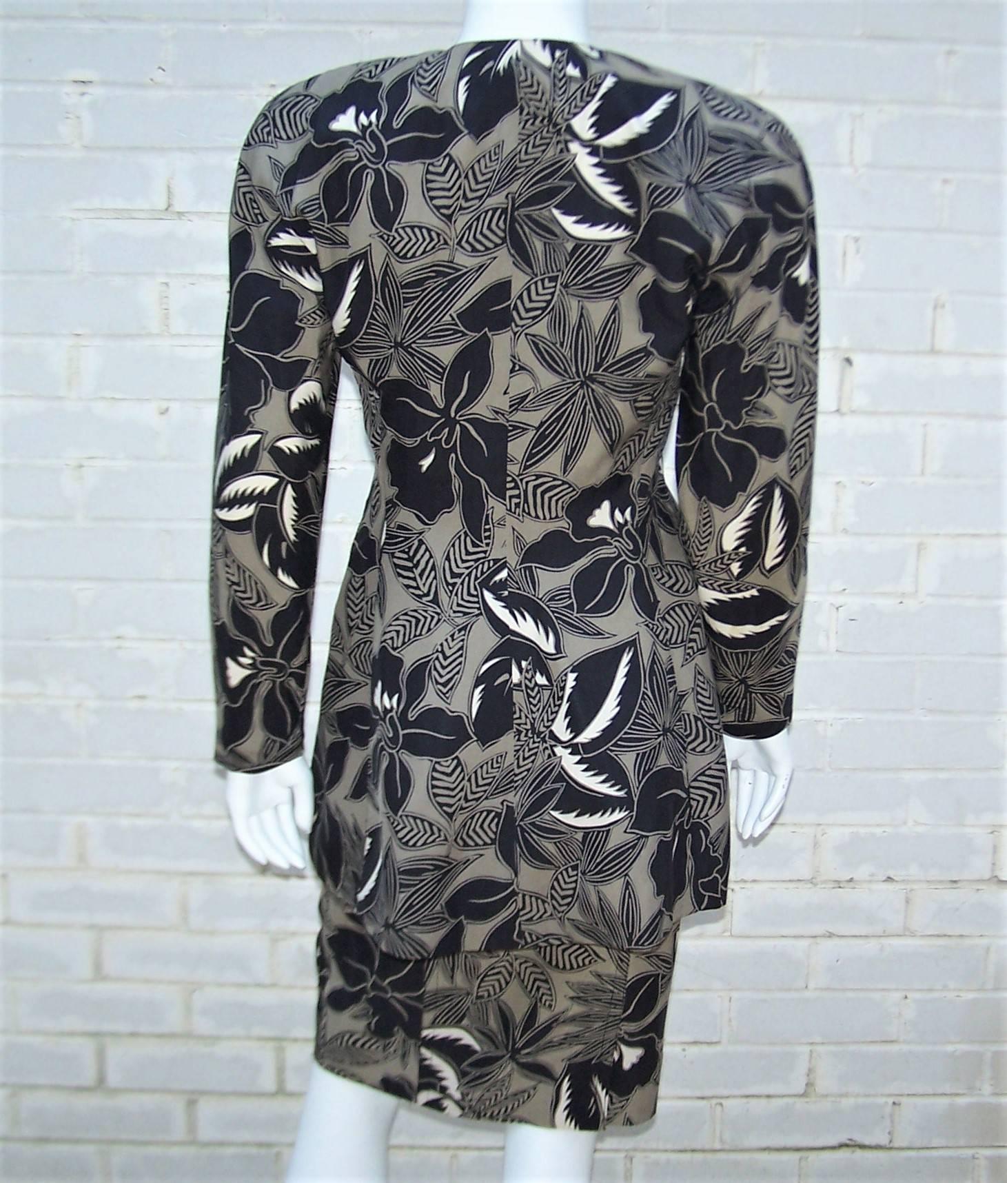 Women's or Men's 1980's Escada Tropical Print Skirt Suit With Peplum Jacket For Sale