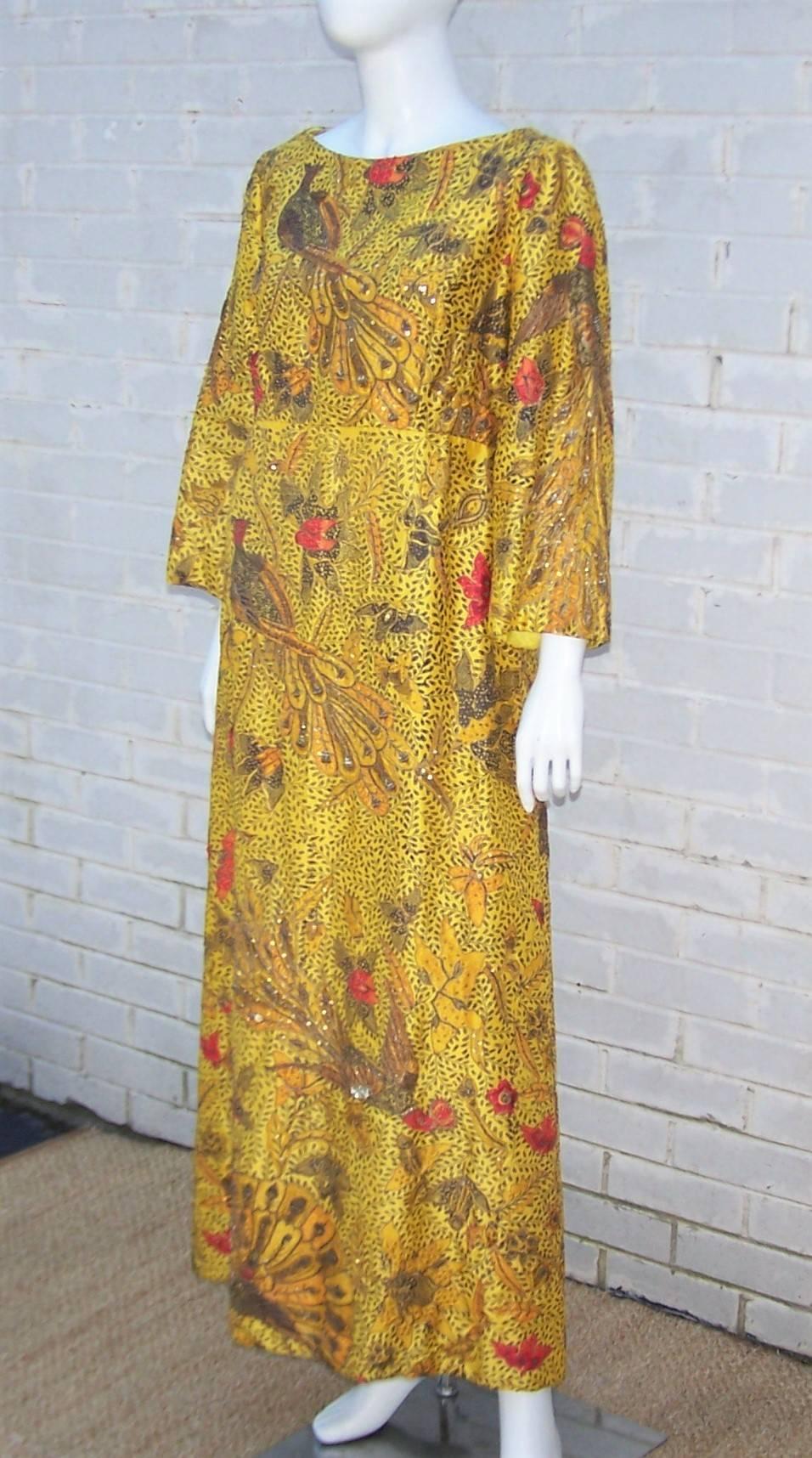 Stunning & Unique C.1960 Baba Original Couture Embroidered Silk Evening Gown 1