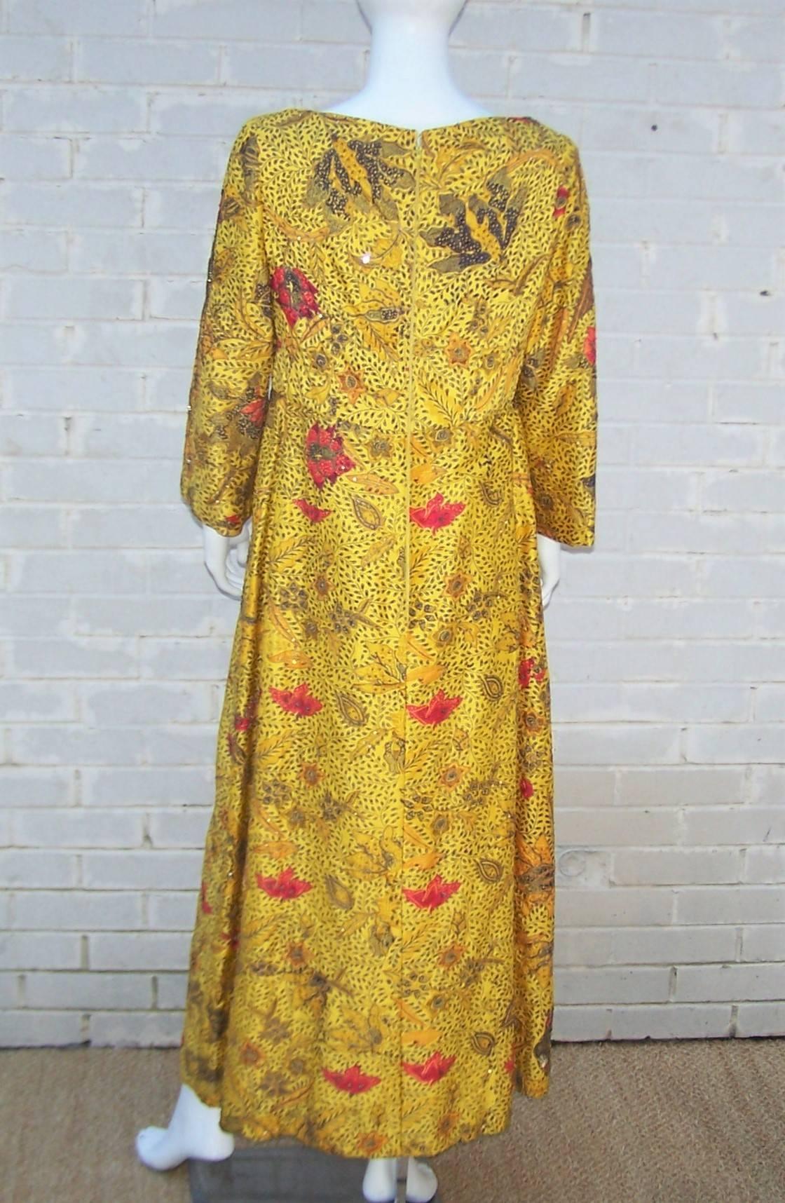 Women's Stunning & Unique C.1960 Baba Original Couture Embroidered Silk Evening Gown