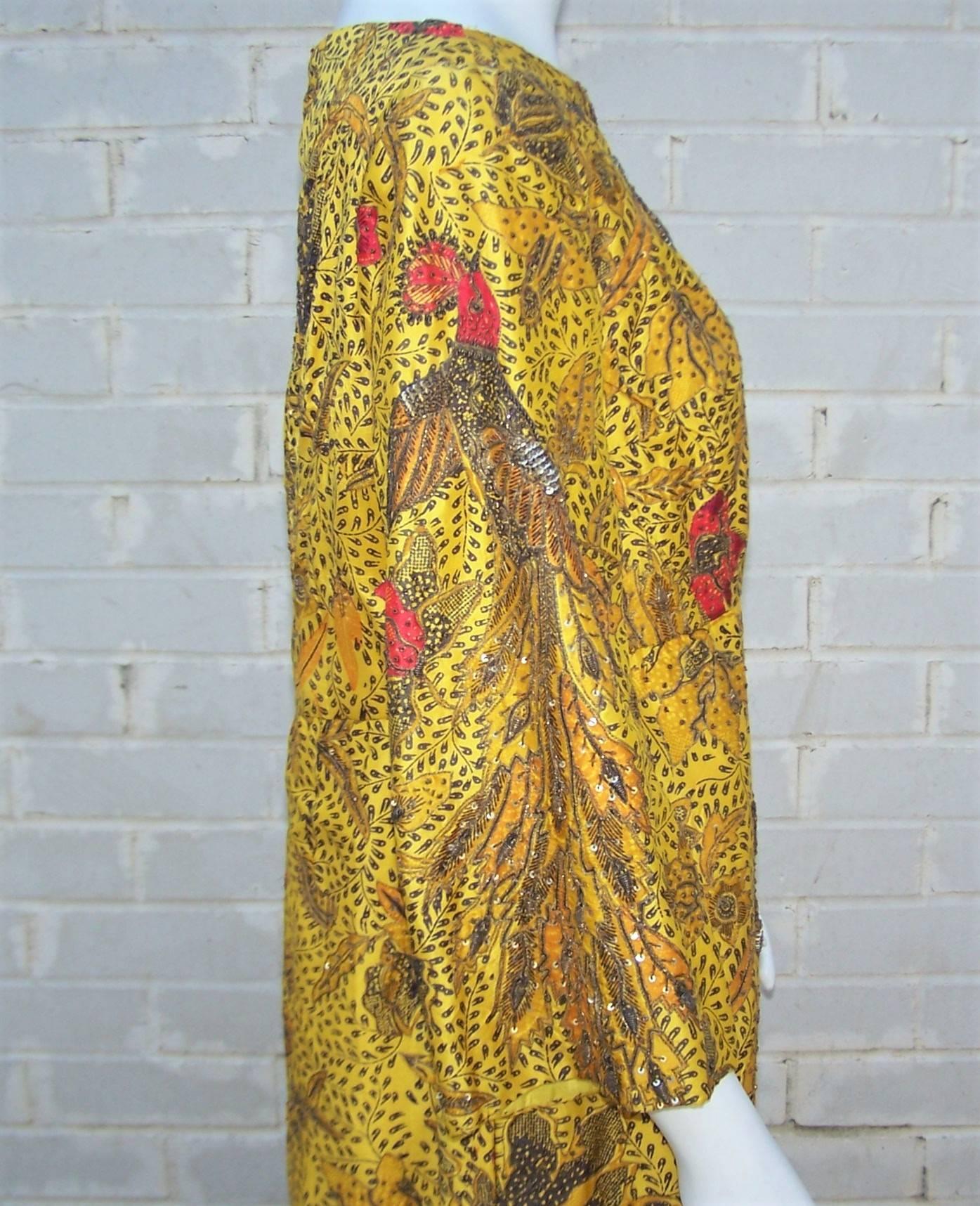 Stunning & Unique C.1960 Baba Original Couture Embroidered Silk Evening Gown In Excellent Condition In Atlanta, GA