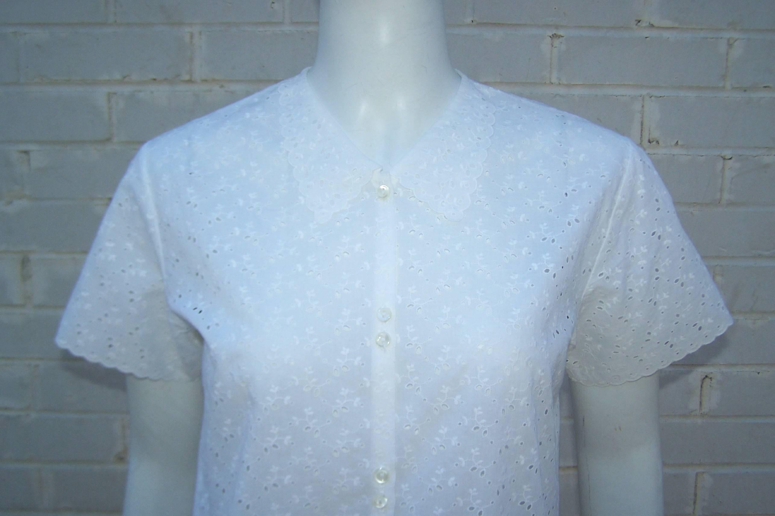 Sweet & Innocent 1970's Cacharel White Cotton Eyelet Blouse In Excellent Condition In Atlanta, GA