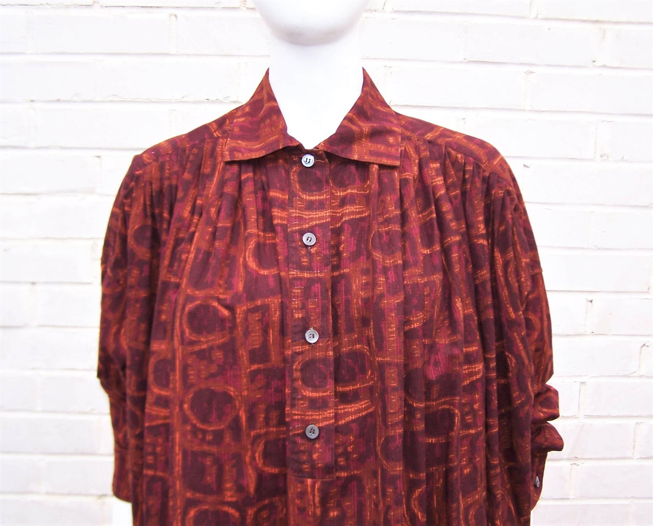 Brown Exotic 1980's Callaghan Italian Cotton Smock Top 