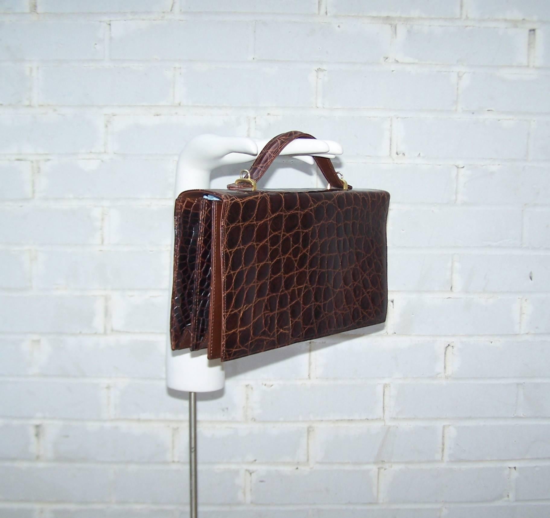 Versatile 1970's Saks Fifth Avenue Italian Brown Alligator Handbag 1