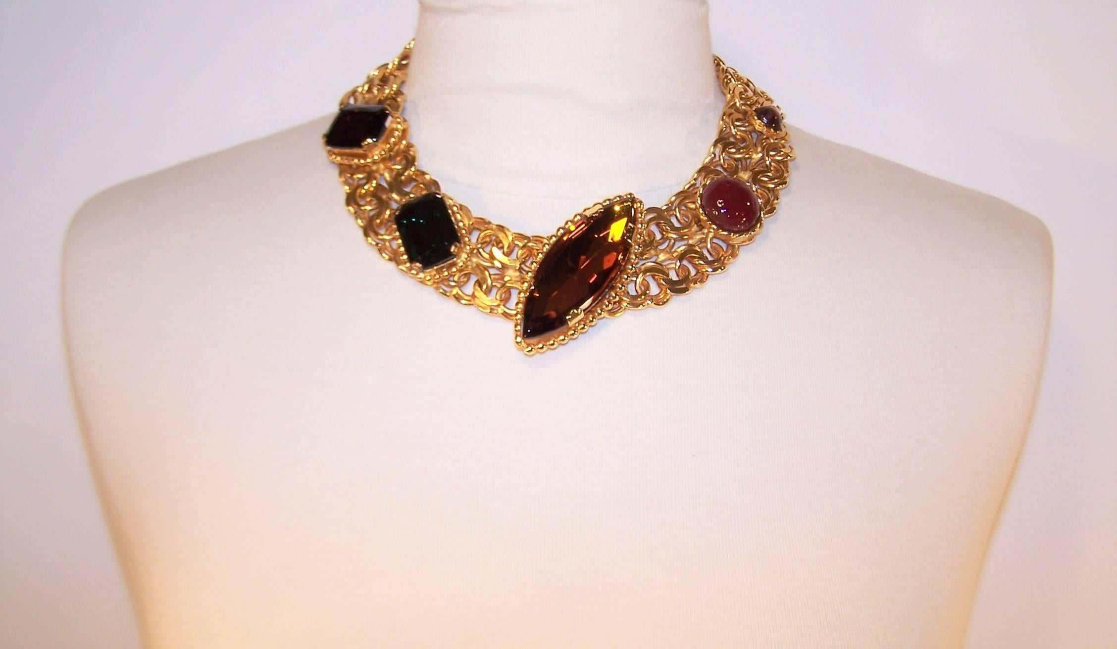 Modern Stunning 1980's Dominique Aurientis Gold Collar Necklace With Gripoix Glass
